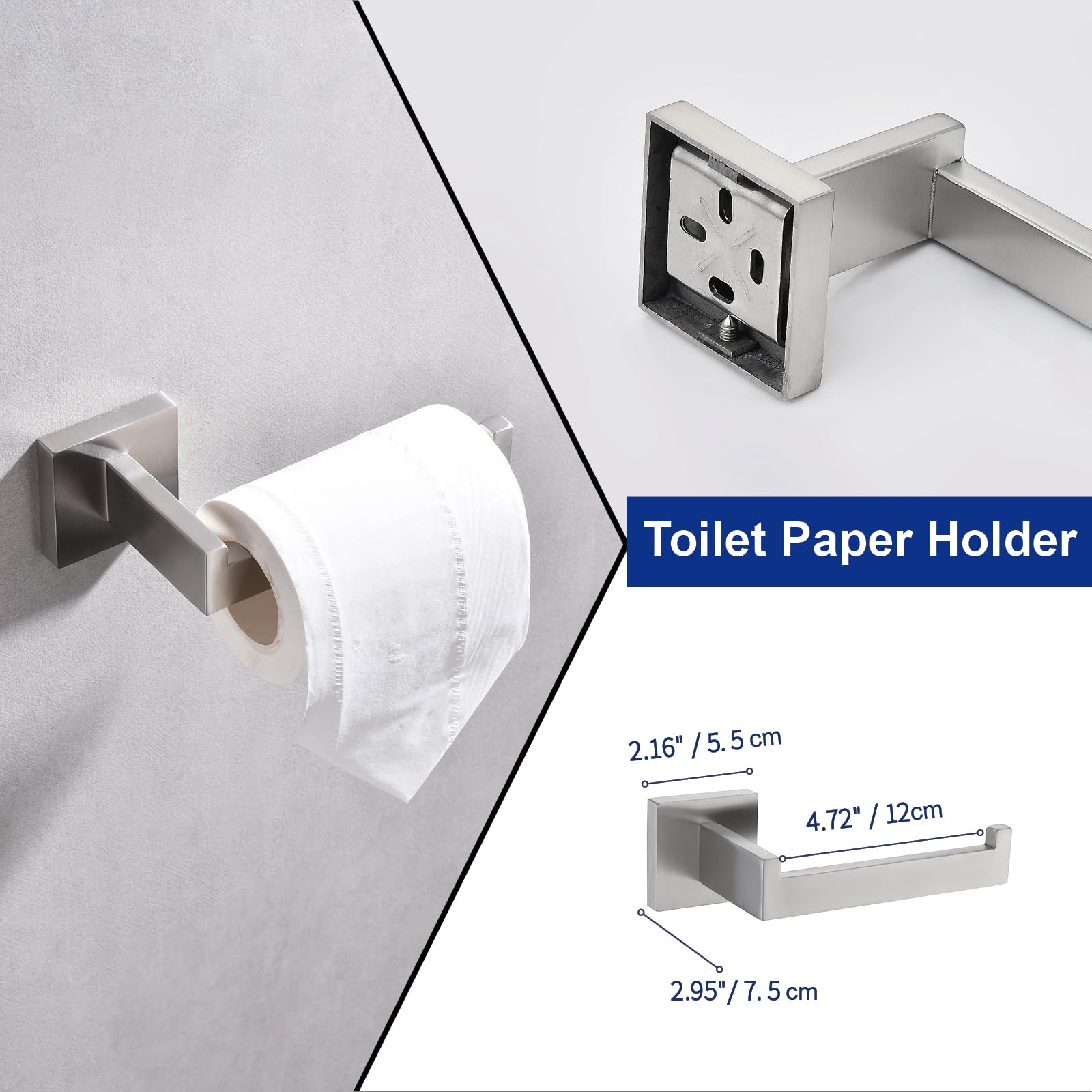 TASTOS 5-Piece Brushed Stainless Steel Bathroom Hardware Set - Wall Mounted Robe Hook, Toilet Paper Holder & 24-Inch Towel Bar in Silver | Modern Bathroom Accessories for Home & Hotel Use