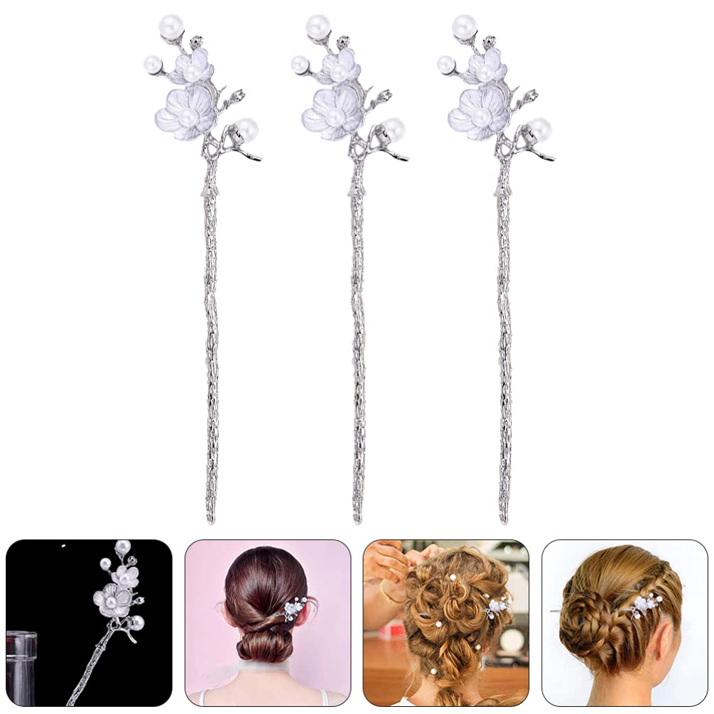 3pcs Pearl Hair Sticks with Flower Decor - Elegant Hair Chopsticks & Forks for Women, Hair Accessories for Weddings, Parties, and Everyday Styling