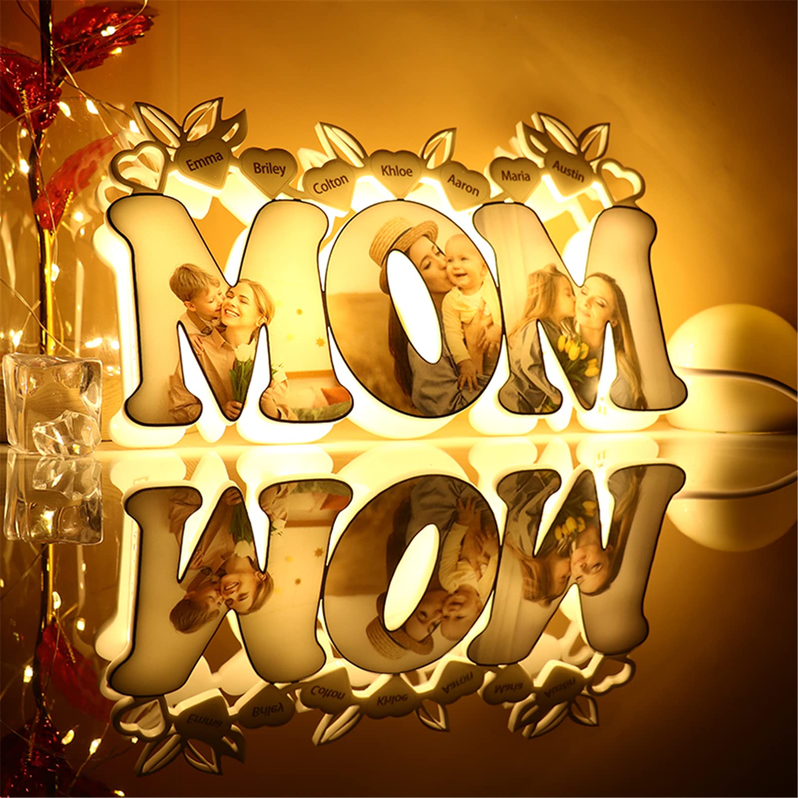 Custom Personalized Photo Night Light with Name - Acrylic Bedside Lamp for Mom, Mother's Day, Birthday Gift - Perfect for Bedroom Decor, Nursery, Romantic Ambiance (MOM)