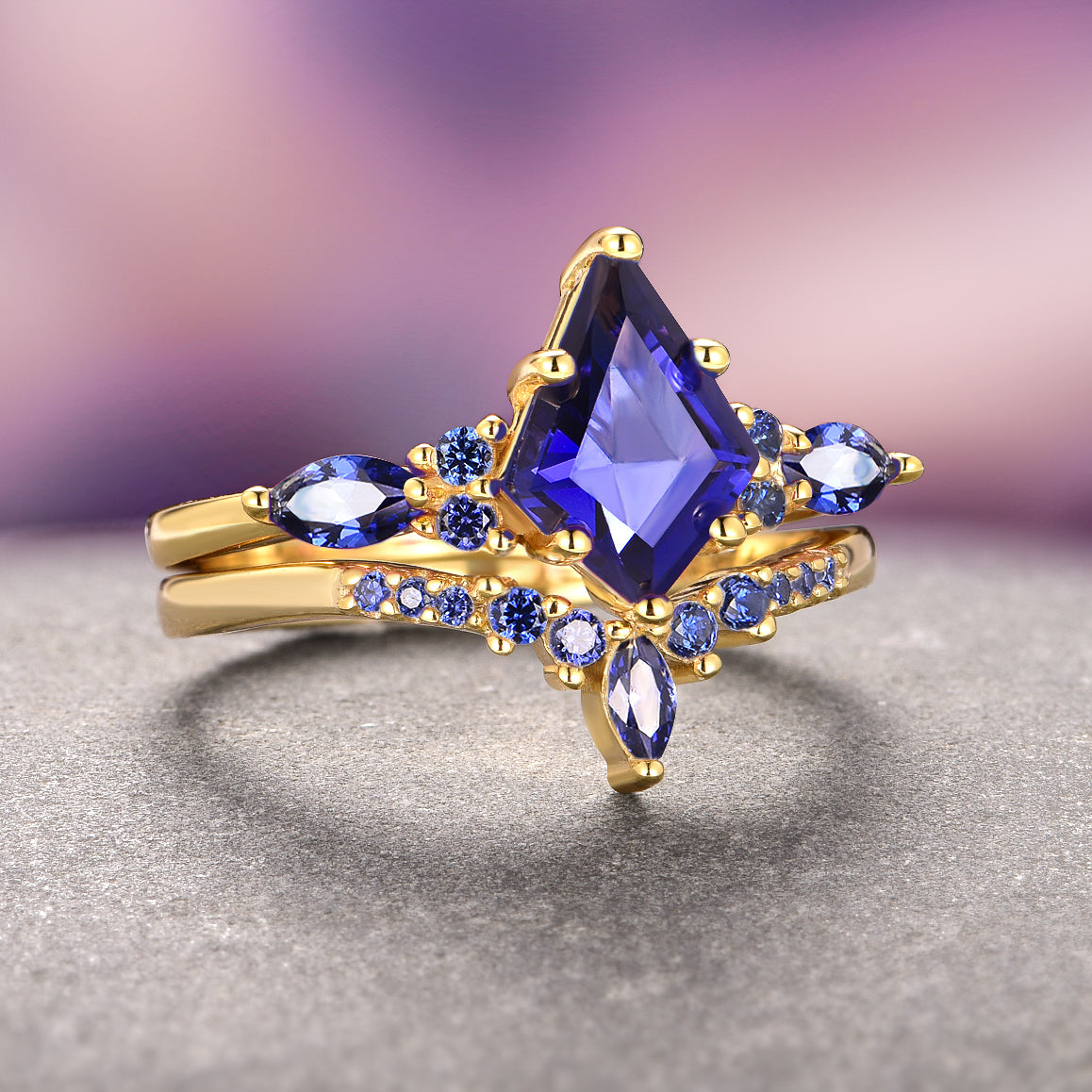 Skye Kite™ 14K Solid Yellow Gold Blue Sapphire Ring Set for Women - Elegant Wedding, Engagement & Anniversary Jewelry Gift