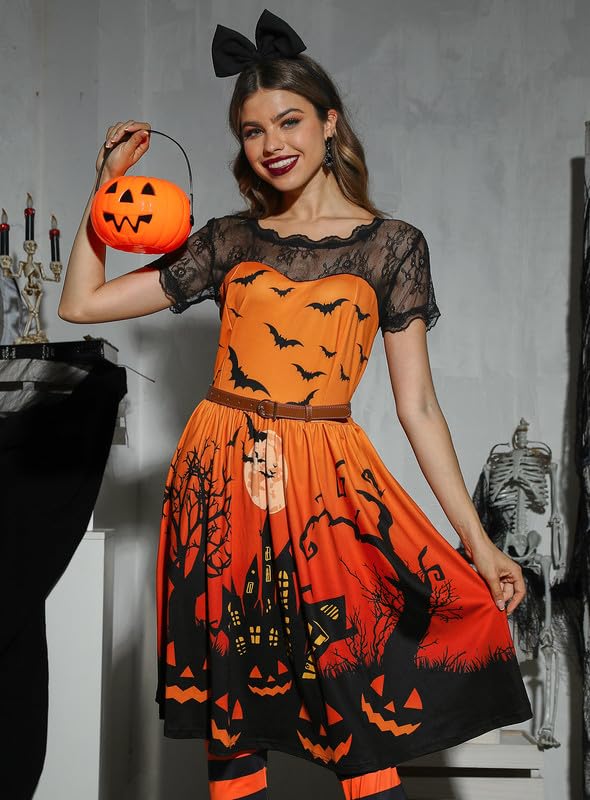 Spadehill Women's Halloween Costume Lace Short Sleeve Swing Dress - Gothic Party Outfit for Halloween, Cosplay & Themed Events