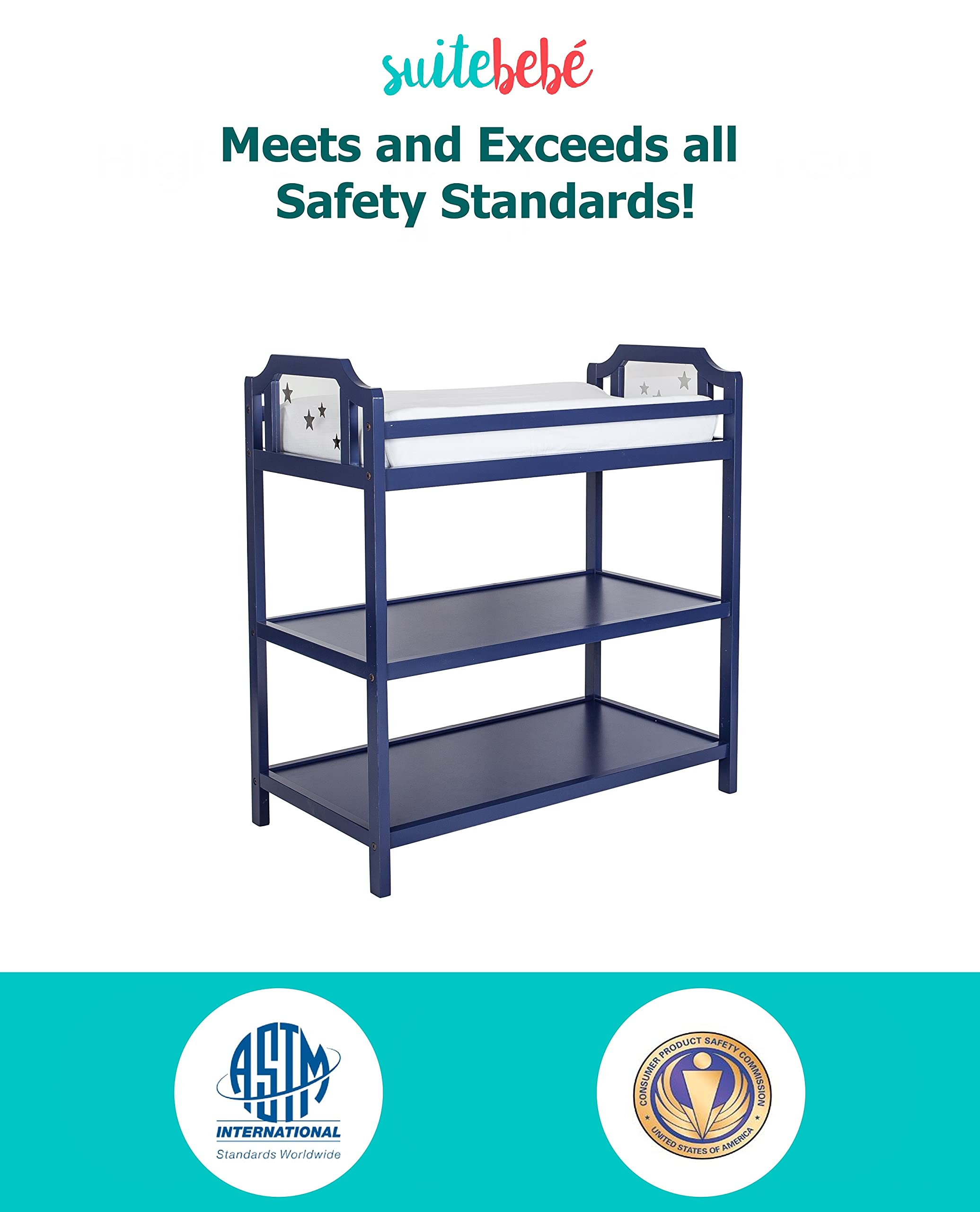 Suite Bebe Celeste Baby Changing Table with Safety Rail - Navy Blue | Nursery Essential for Safe Diaper Changes