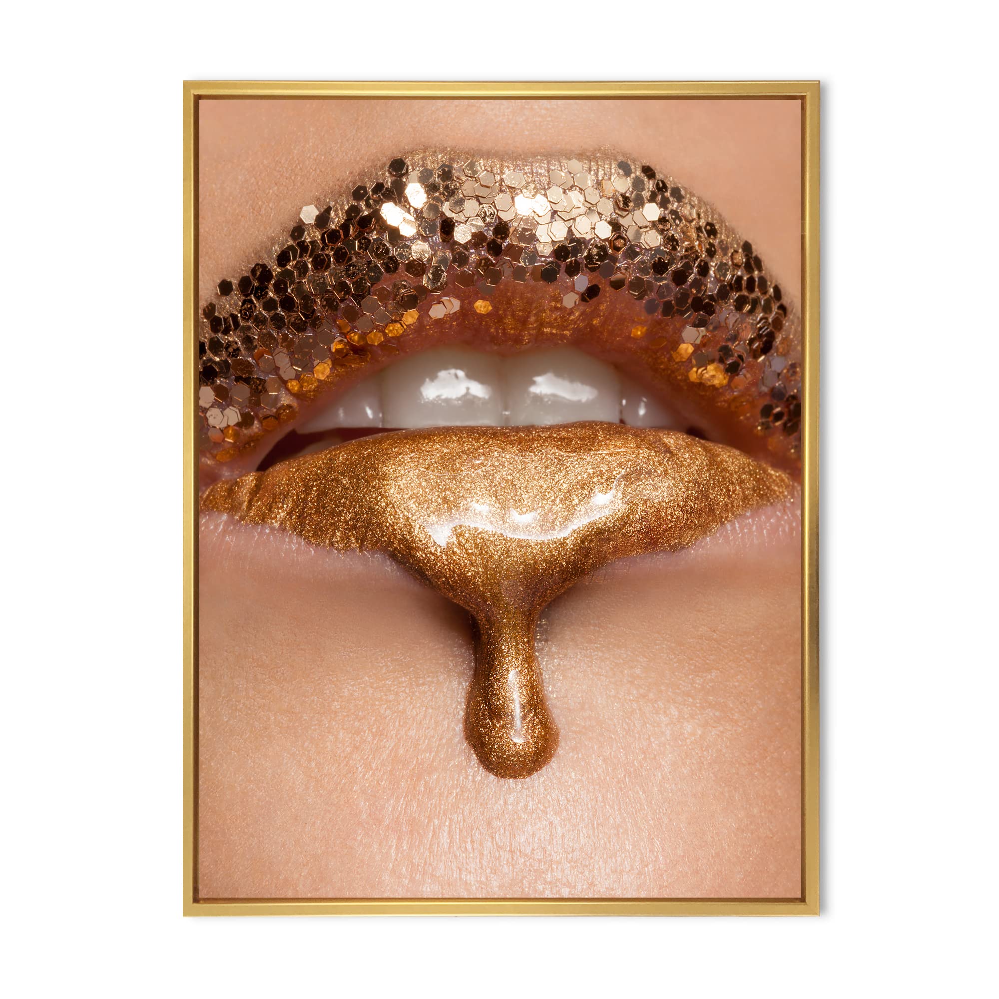 DesignQ Gold Liquid Lips Close-Up Make-Up Art Print - Modern Framed Canvas Wall Decor for Living Room, Bedroom & Office