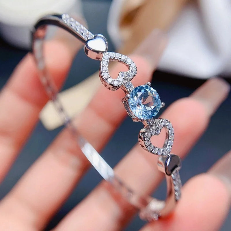 Swiss Blue Topaz Heart Bangle Bracelet for Women - 925 Sterling Silver Adjustable Charm Bracelet | Elegant Jewelry Gift for Valentine's Day, Anniversary & Special Occasions