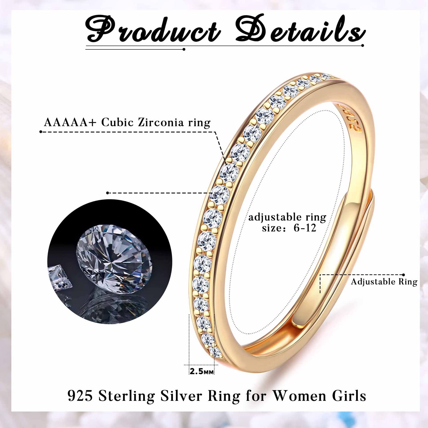 JeweBella 925 Sterling Silver Ring for Women - Cubic Zirconia Adjustable Thumb Ring, Wedding & Engagement Band in Silver/Gold/Rose Gold - Perfect for Everyday Wear, Gift Giving & Special Occasions