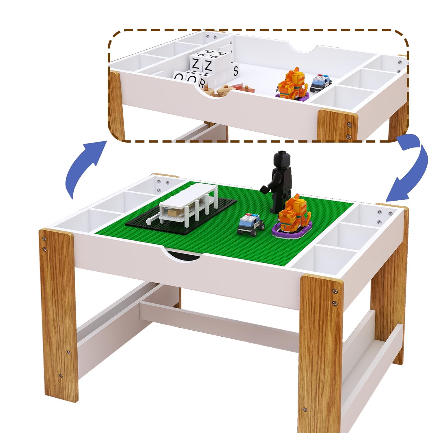 Wooden 3-in-1 Kids Table and Chairs Set with 2 Storage Baskets - Children's Activity Table for Lego, Reading, Writing & Play - White | Perfect for Playrooms, Daycares & Homeschool Learning Spaces