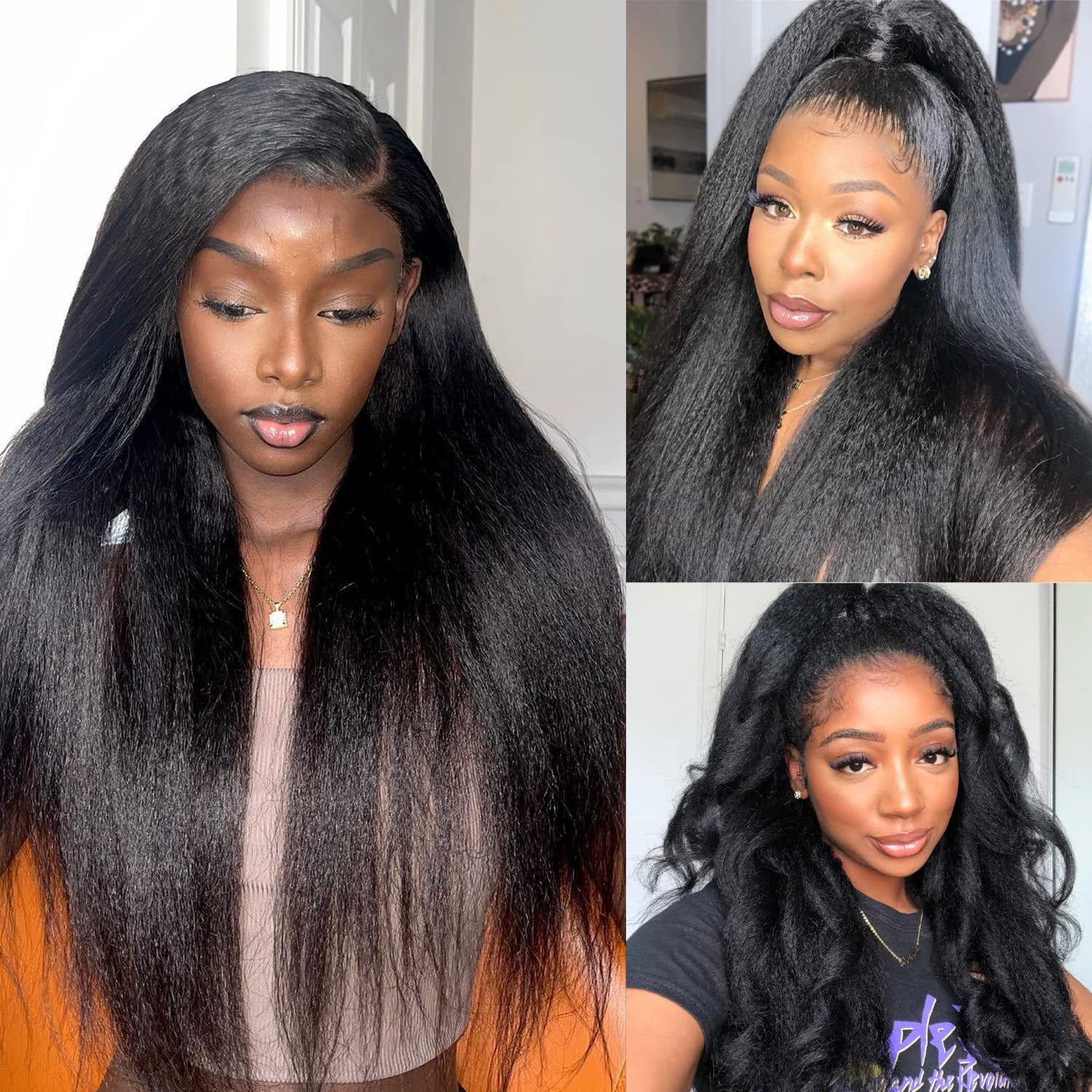 13X4 Kinky Straight Lace Front Wigs Human Hair for Women - 26 Inch Glueless Pre Plucked Hairline with Baby Hair - 180% Density Yaki Straight Lace Wigs Natural Black - Perfect for Daily Wear, Cosplay & Special Occasions