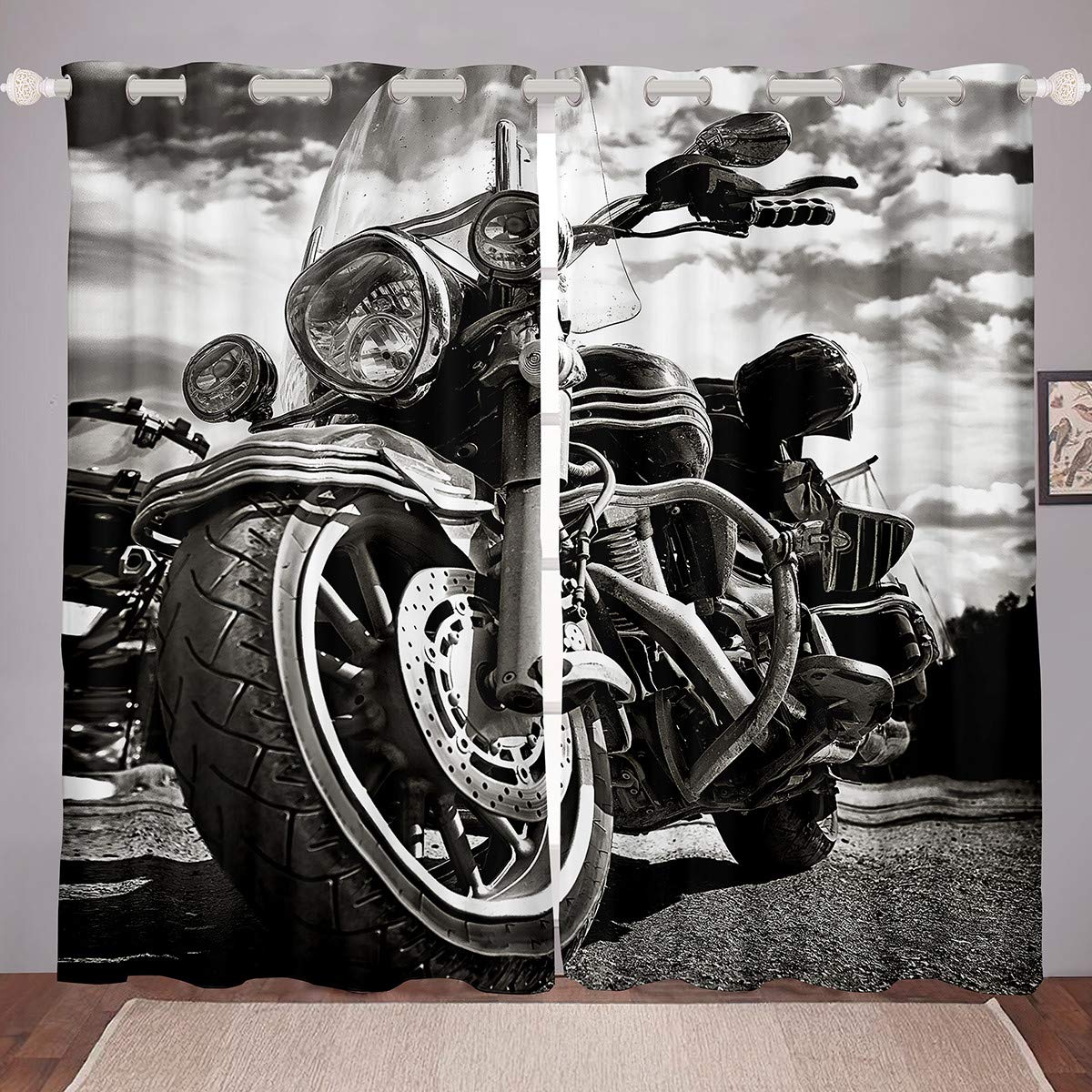 3D Printed Motorcycle Window Curtain - Blackout Thermal Insulated Room Darkening Wide Panel Drapes (104
