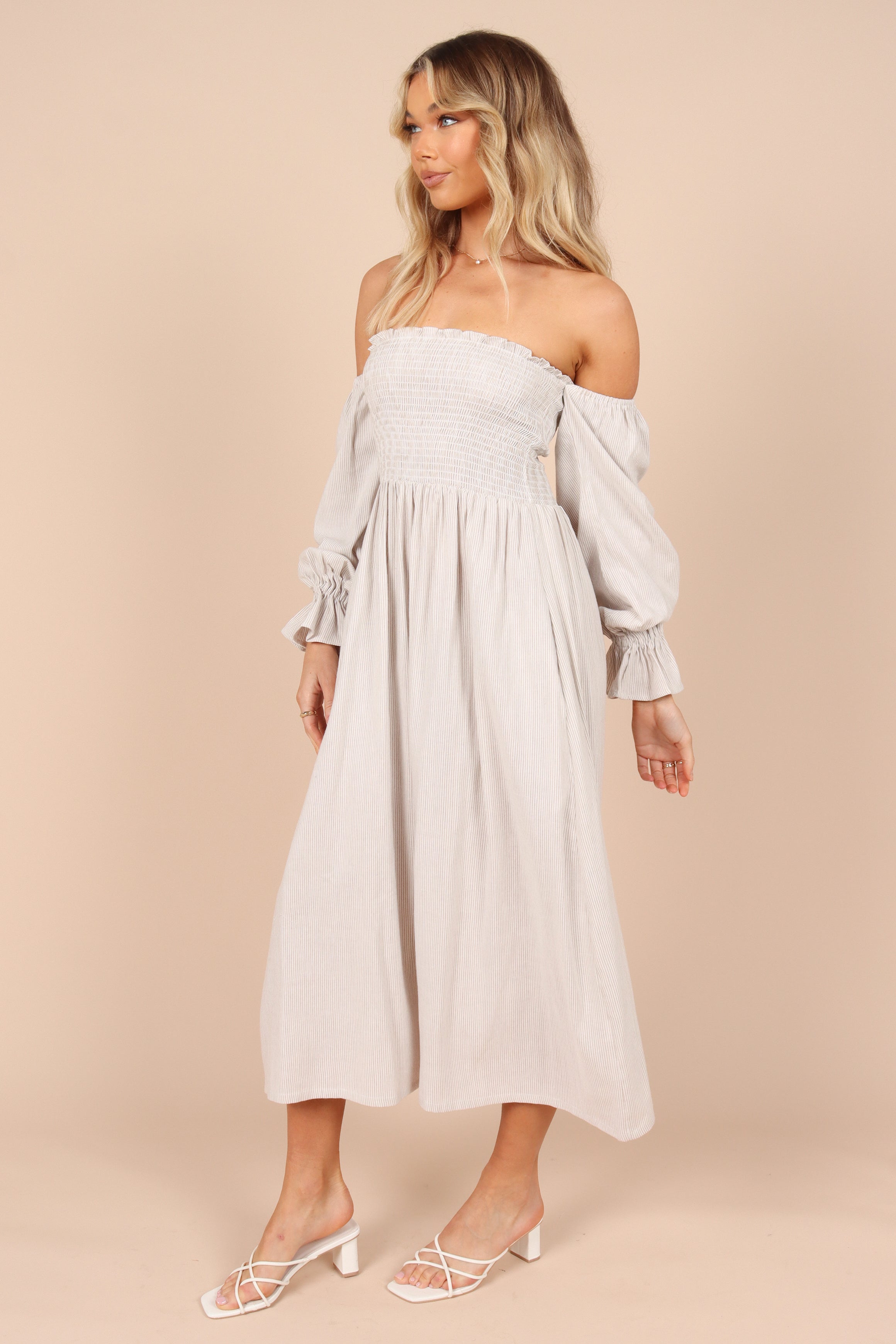 Stylish Domenica Shirred Long Sleeve Midi Dress in Beige Stripe - Perfect for Casual Outings, Office Wear & Special Occasions