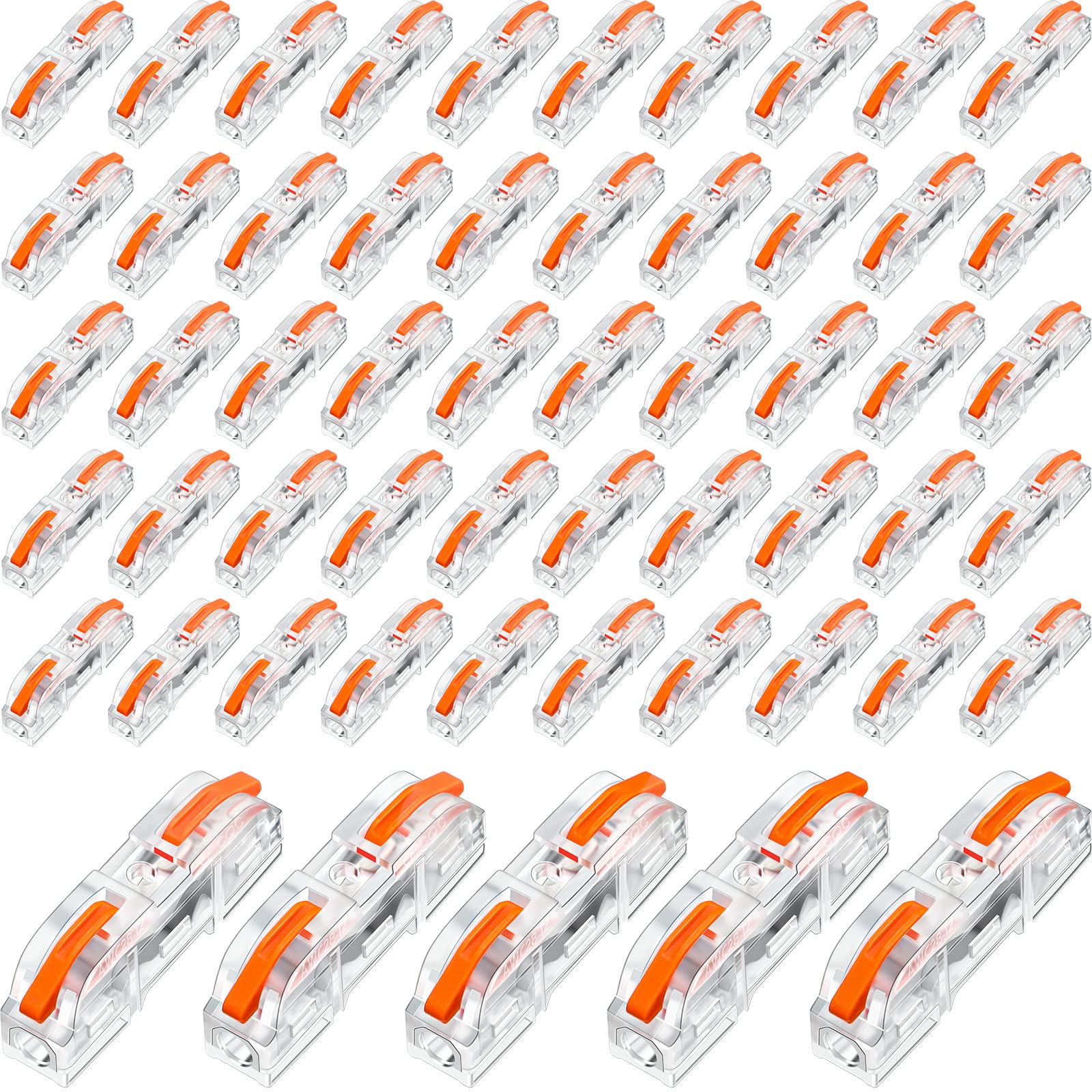 50 Pcs Lever Wire Connectors - Compact Single Wire Connector Assortment for 28-12 AWG (Clear & Orange) | Electrical Wiring, Home DIY Projects, Automotive Repairs, and Appliance Connections