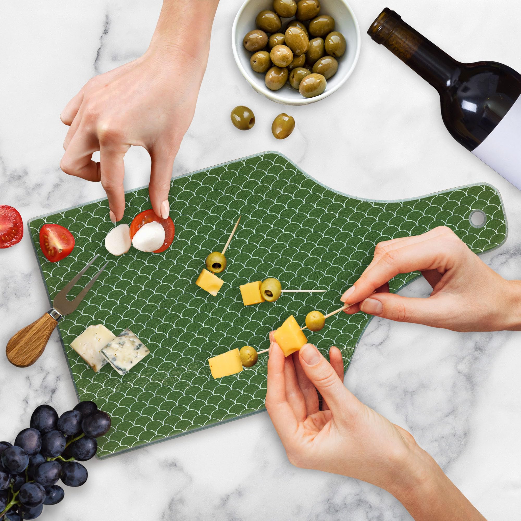 Ambesonne Green Tempered Glass Cutting Board - Vivid Forest Geometric Wave Design, Round Edged Serving Board for Kitchen & Entertaining | Wine Bottle Shape in Olive Green & White | Perfect for Cheese Platters, Charcuterie & Wine Pairings