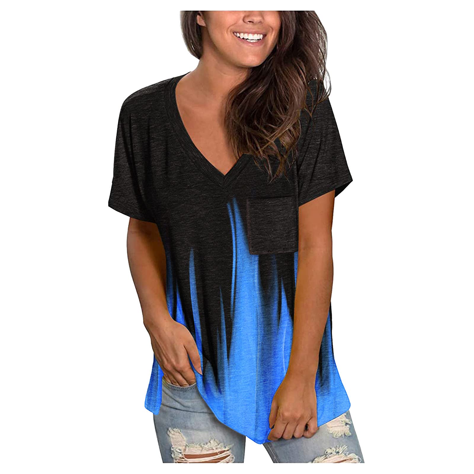 Women's Casual V-Neck Short Sleeve Graphic Printed Loose Fit Tunic Tank Tops - Summer Cute Blouse Tee Shirts for Plus Size (Blue) | Perfect for Beach Outings, Yoga, and Everyday Comfort Wear