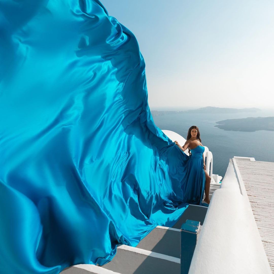 Elegant Long Satin Corset Dress with Train - Flowy Maxi Flying Dress for Women | Perfect for Photoshoots, Baby Showers & Santorini Vacations | Formal Evening Gown & Special Occasion Wear