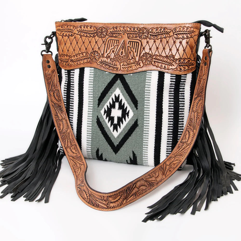 Authentic American Darling Grey Aztec Blanket with Thunderbird Tooling Bag - Cozy Southwestern Style Throw for Home Decor, Camping & Outdoor Adventures