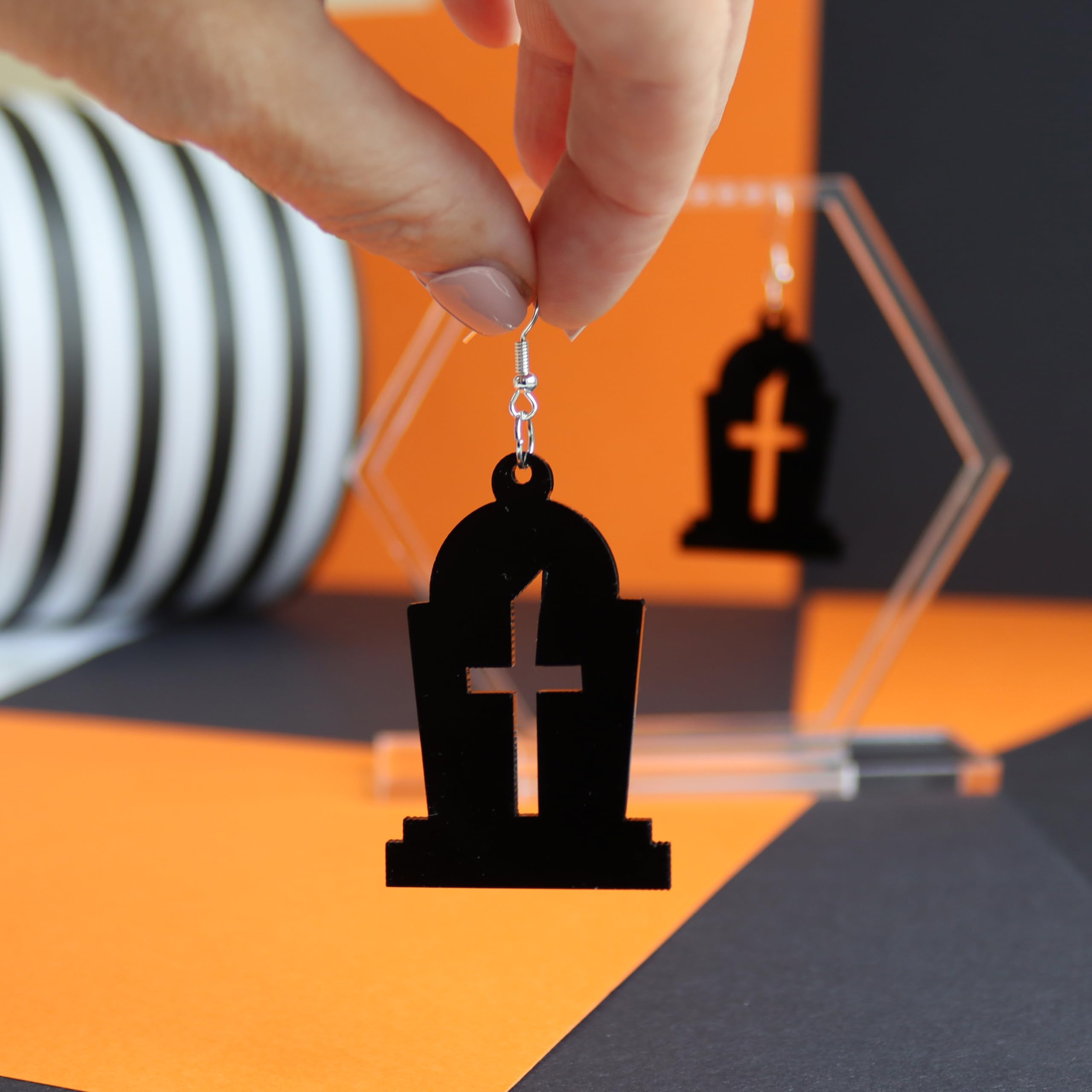 Spooky Halloween Tombstone Earrings - Handmade Recycled Acrylic Dangly Jewelry for Women | Gothic Accessories for Halloween Party, Costume Cosplay & Witch Theme Events | Unique Spooky Gift for Horror Fans