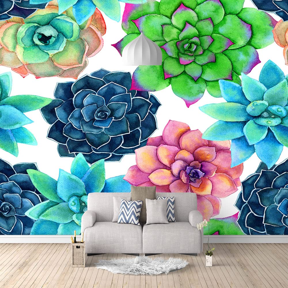Peel and Stick Wallpaper - Cartoon Watercolor Succulent Plants Large Self-Adhesive Vinyl Mural | Removable Contact Paper for Home Decor, Bedroom, Nursery & Office Walls