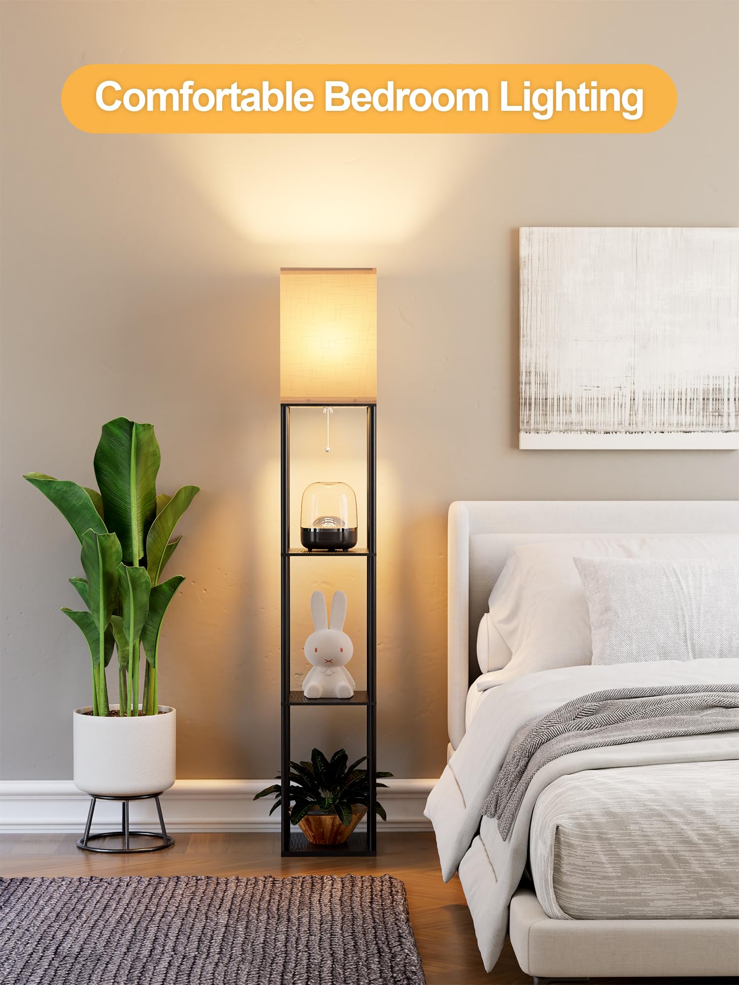 Modern Floor Lamp with Shelves - 3-Tier Corner Standing Lamp with Adjustable CCT LED Bulb & White Linen Shade for Living Room, Bedroom, Office - Perfect for Reading, Displaying Decor & Creating Ambient Lighting