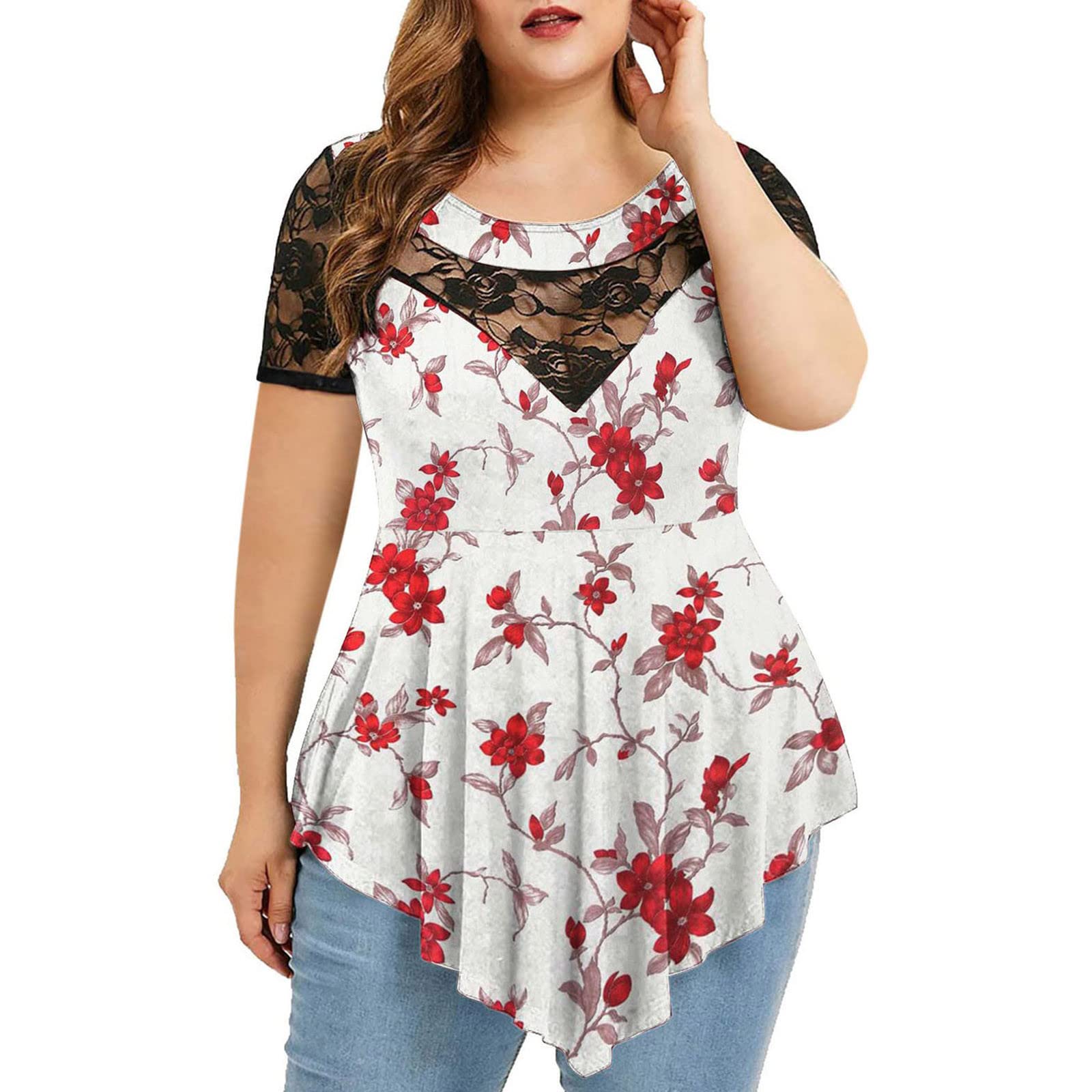 Women's Lace Sleeve Casual Summer Tops & Tunics - Flowy Short Sleeve Dressy Blouses for Plus Size Women | Perfect for Office Wear, Date Nights & Summer Outings