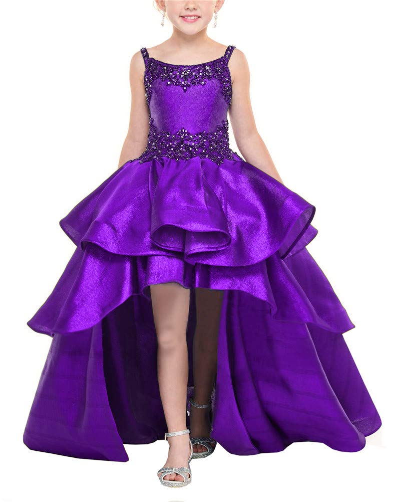 Girl's Hi-Low Beaded Pageant Dress with Square Neck & Straps - Elegant Flower Girl Dress for Weddings, Pageants & Special Occasions