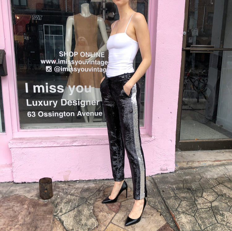 Balmain Black Silver Sequin Tuxedo Stripe Pants Size 38 | Women's High Waisted Formal Trousers for Evening Parties & Special Occasions