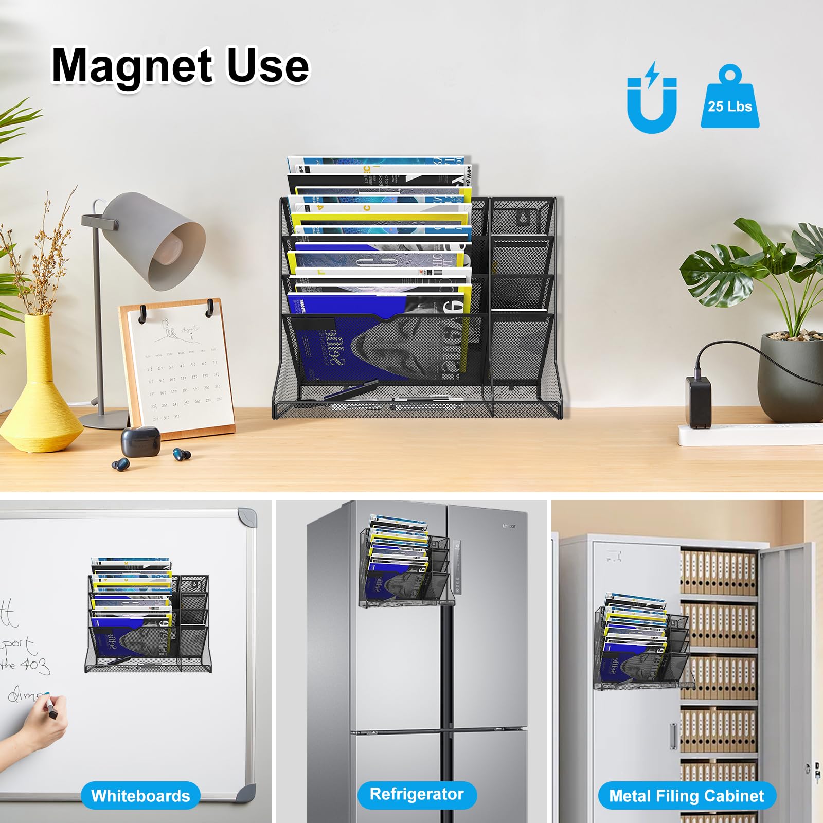 5-Tier Magnetic File Organizer with R-Shaped Bottom Tray - Hanging Mail & Document Holder for Office & Home - Includes 4 Pen Holders - Perfect for Desk Organization, Wall Storage & Paper Management (Black)