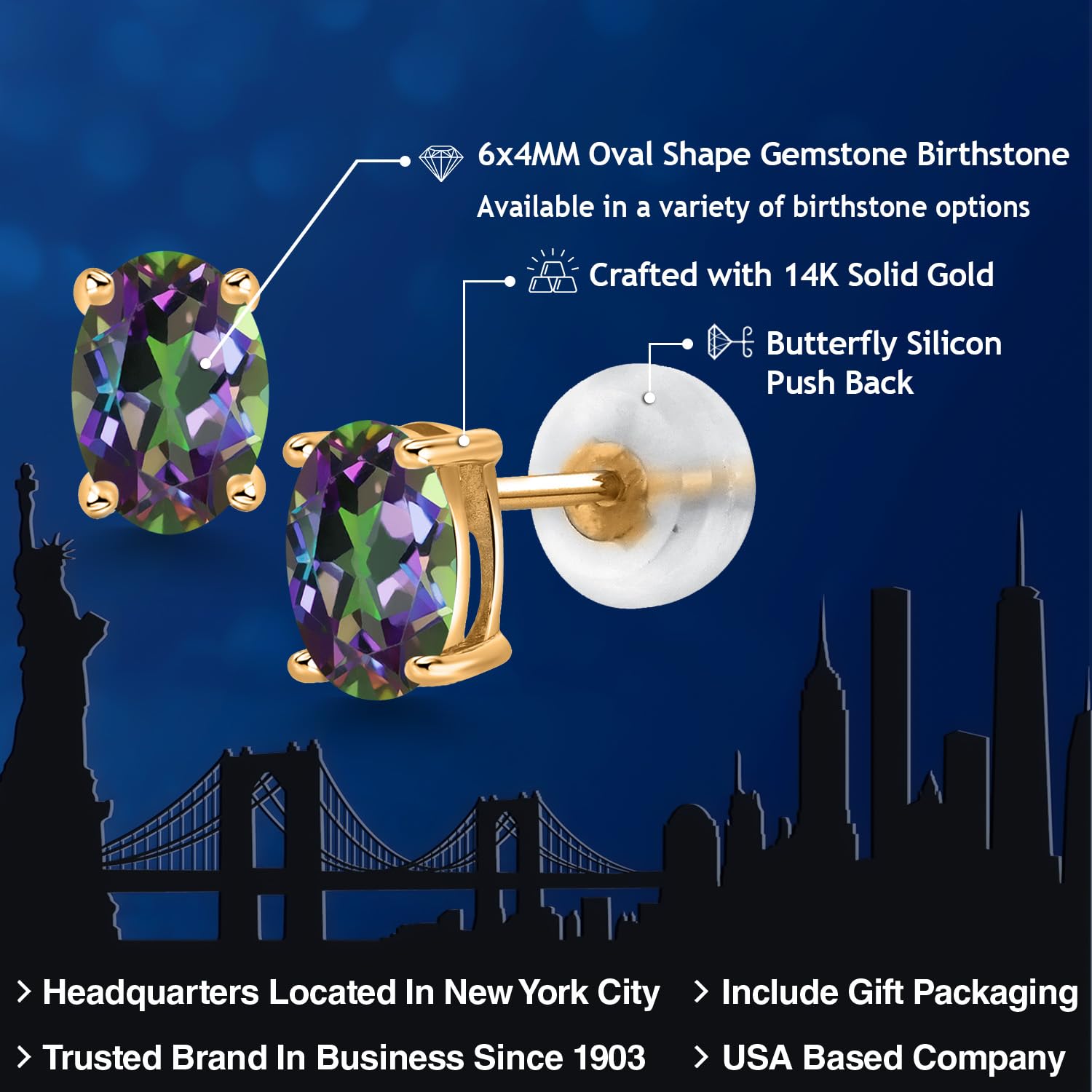 14K Gold Oval Gemstone Birthstone Stud Earrings for Women & Men | 6x4mm Oval Cut | Fine Jewelry Gift for Mom, Wife, Her | Anniversary, Birthday, Christmas Present