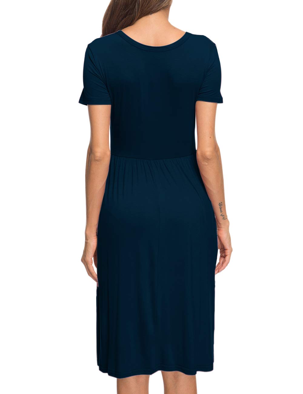 AUSELILY Women's Summer Short Sleeve Empire Waist Dress - Pleated Loose Swing Knee Length Casual Dress with Pockets | Flowy Midi Dress for Beach, Vacation, Office & Daily Wear | 2025 New Collection