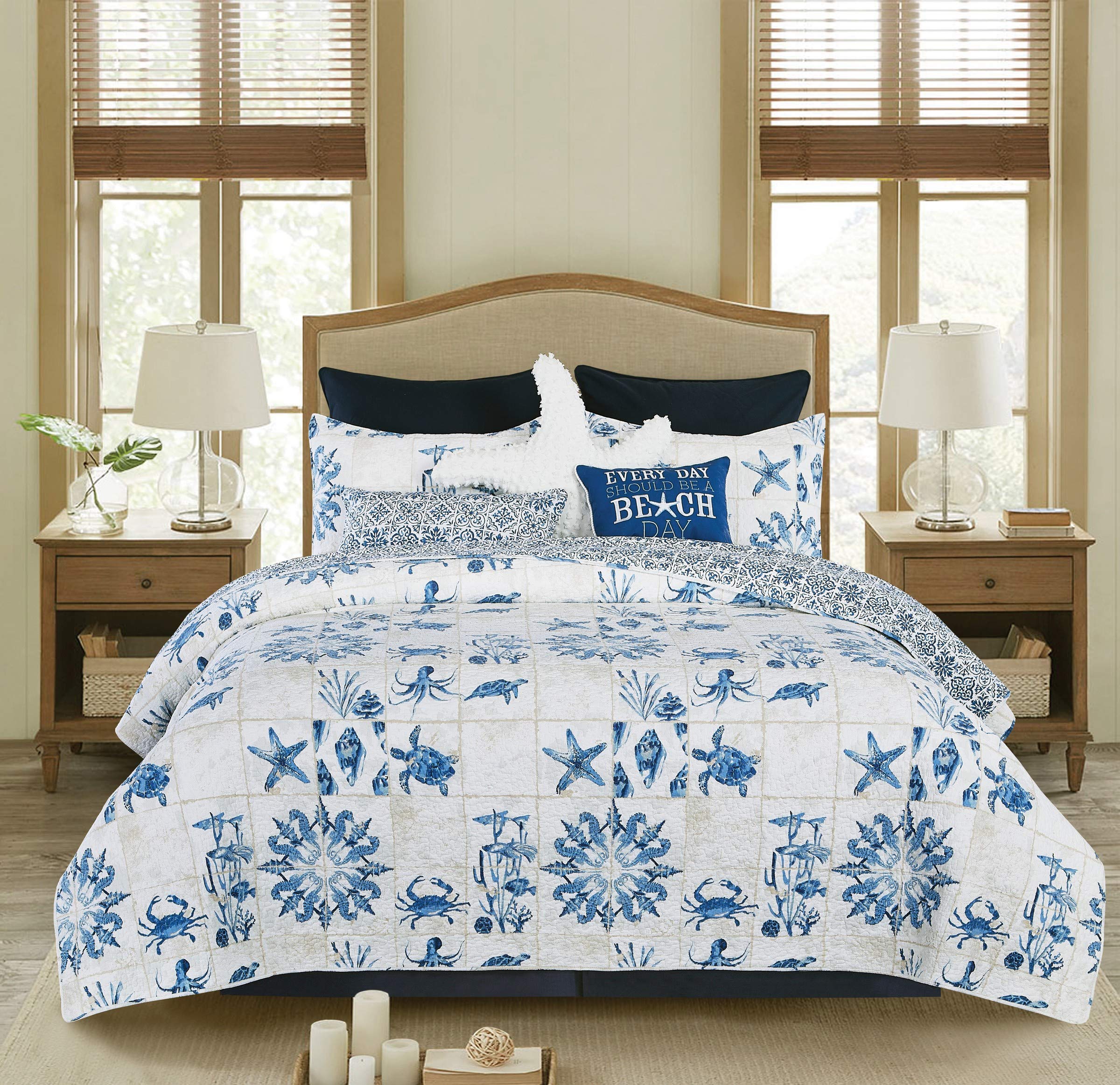 Casablanca Bay 3-Piece King Quilt Set - Coastal Beach Theme Blue & White Bedding with Matching Shams | Perfect for Beach House Decor & Coastal Style Bedrooms