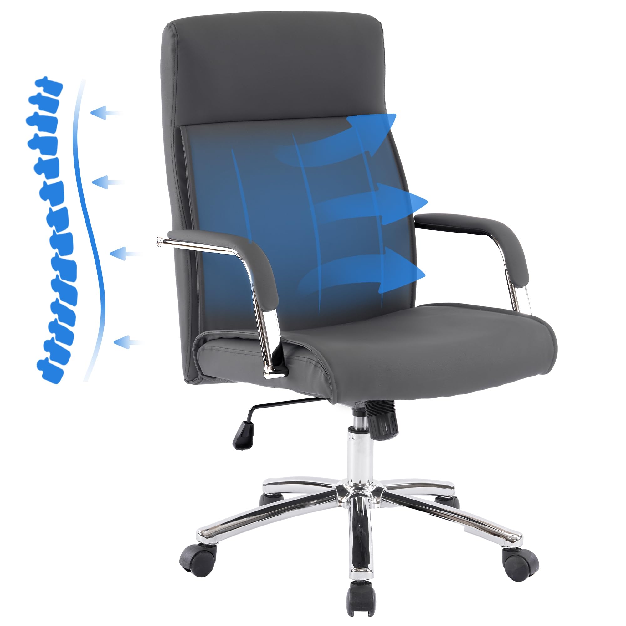 Ergonomic High Back Executive Office Chair with Adjustable Armrests & Lumbar Support - Faux Leather Managerial Desk Chair with Rocking Function (Grey) - Perfect for Home Office, Conference Rooms & Workspaces