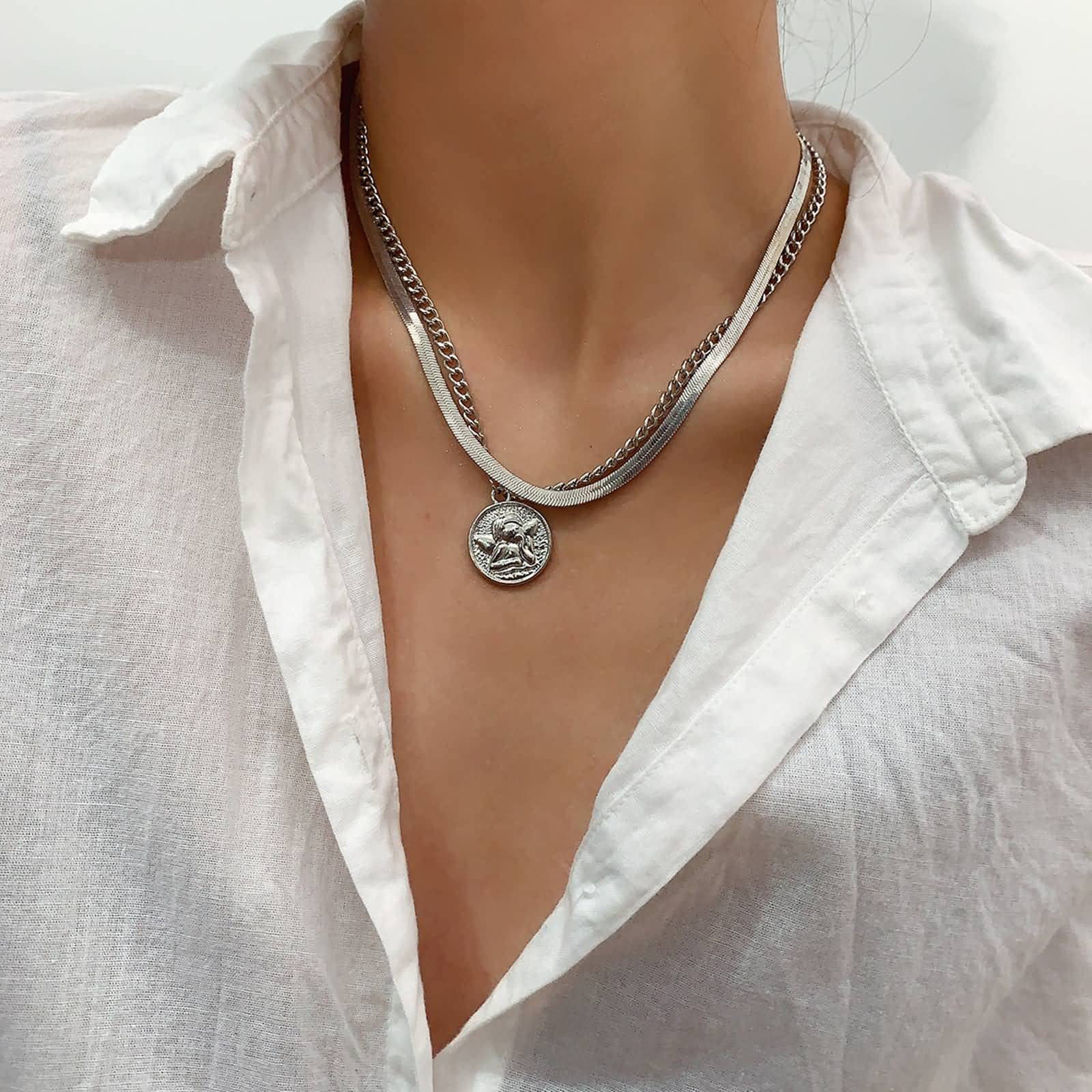 Layered Choker Necklace for Women - 2 Piece Dainty Snake Chain with Angel Relief Pendant, Elegant Silver Jewelry Set | Perfect Birthday Gift for Her, Valentine's Day Present & Everyday Fashion Accessory