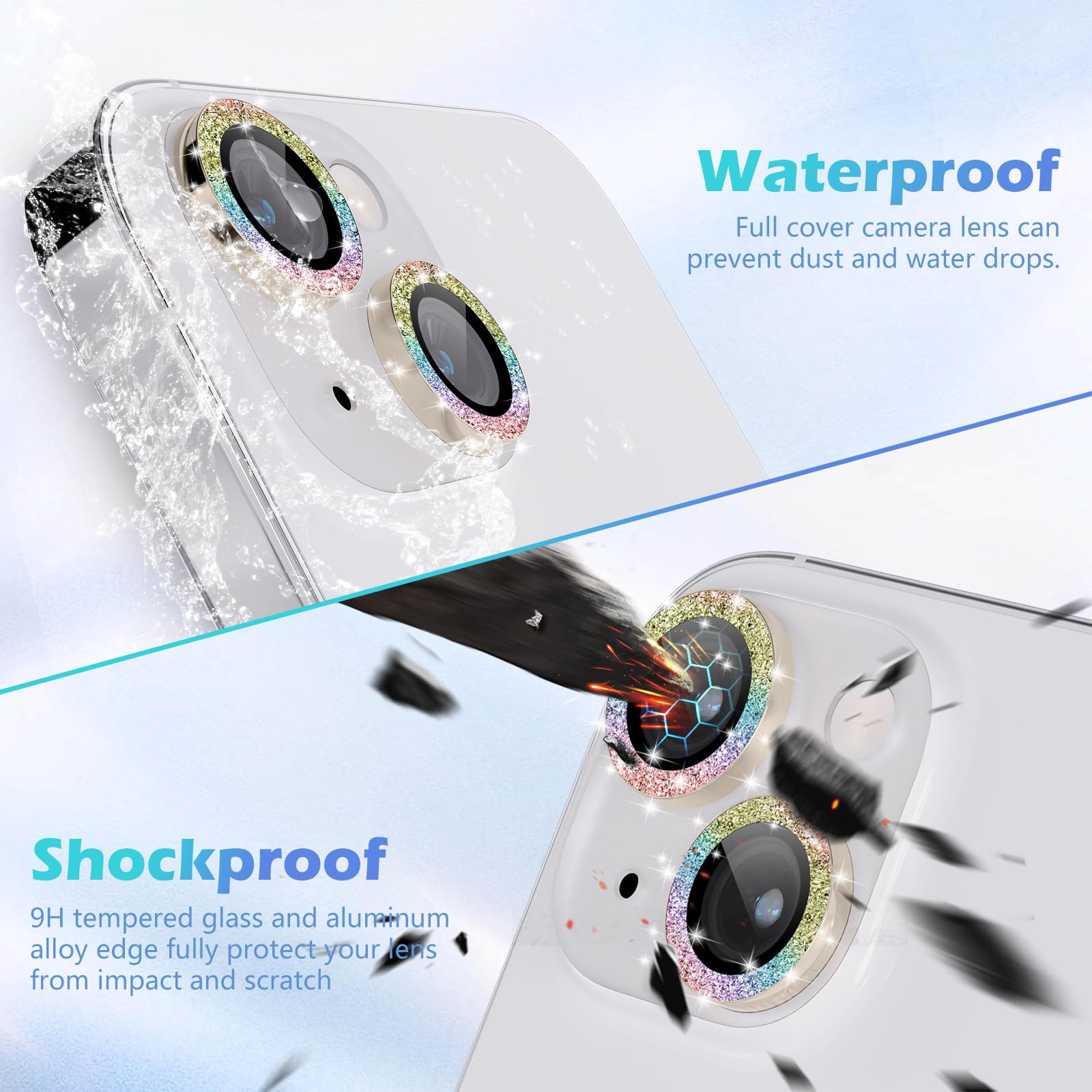 iMLuckies iPhone 15 & iPhone 15 Plus Camera Lens Protector - HD Clear Aluminum Alloy Ring with 9H Tempered Glass, Glitter Colorful Back Screen Protector | Perfect for Photography Enthusiasts & Fashion Lovers