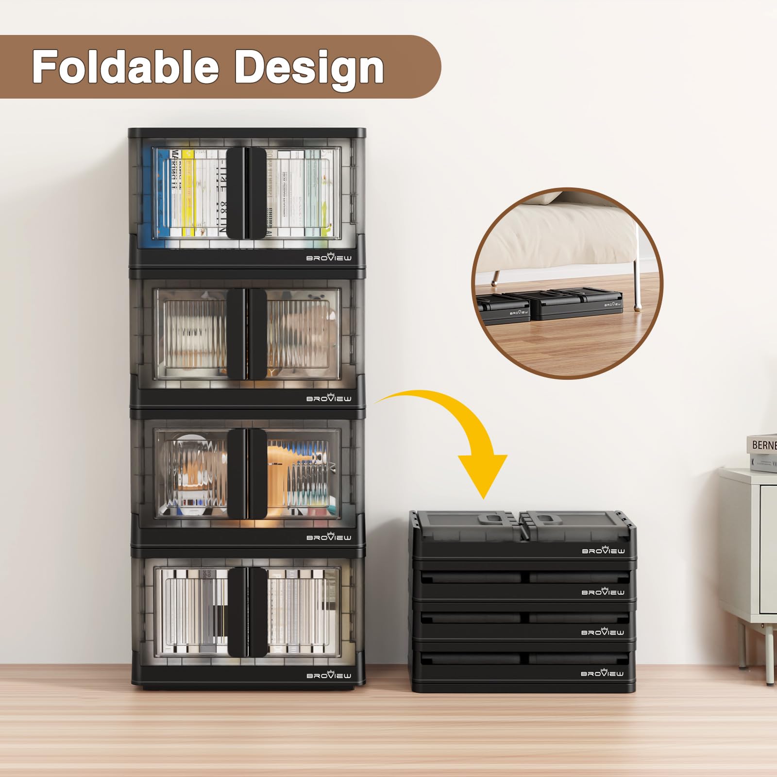 V6 136 QT Stackable Storage Bins with Lids & Wheels - Collapsible Folding Storage Cabinets with Doors for Closet, Home Office, Dorm Organization (Black) | Perfect for Seasonal Clothes, Toys, and Household Items Storage