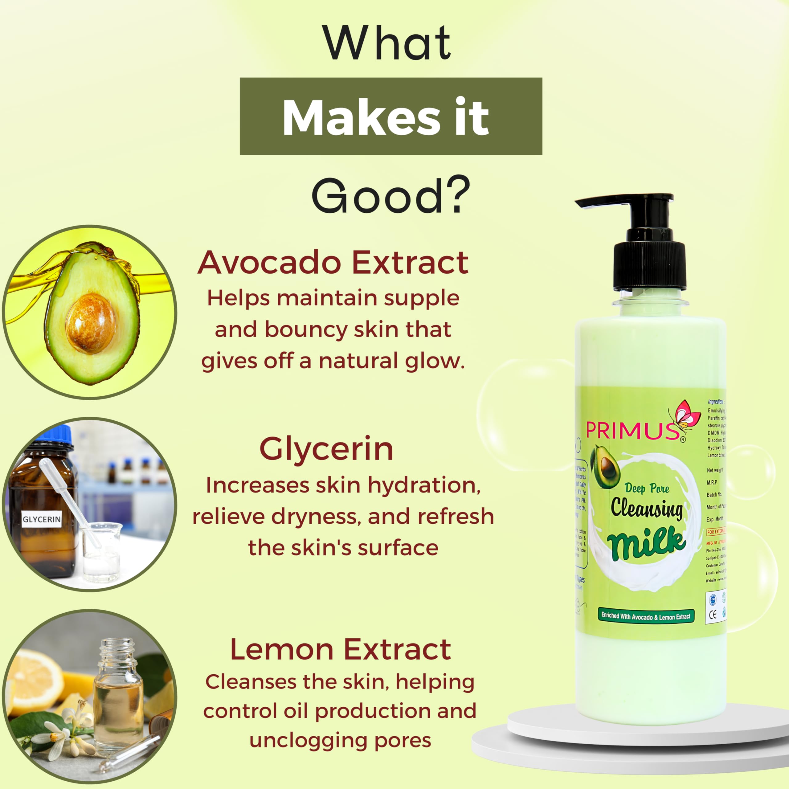 Primus Avocado Cleansing Milk with Avocado & Lemon Extracts - Gentle Facial Cleanser & Makeup Remover for All Skin Types (500ml) | Deep Cleansing, Hydrating & Refreshing | Perfect for Daily Skincare Routine & Travel
