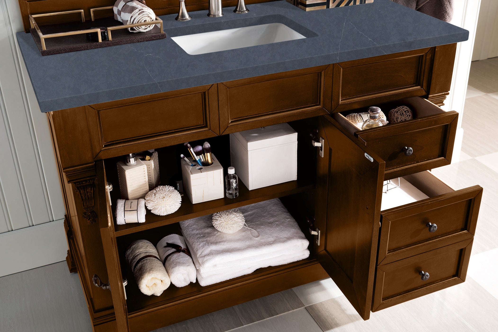 Brookfield 48 Inch Single Bathroom Vanity with Country Oak Finish & 3CM Charcoal Soapstone Quartz Countertop - Perfect for Modern Farmhouse, Rustic, or Traditional Bathroom Decor
