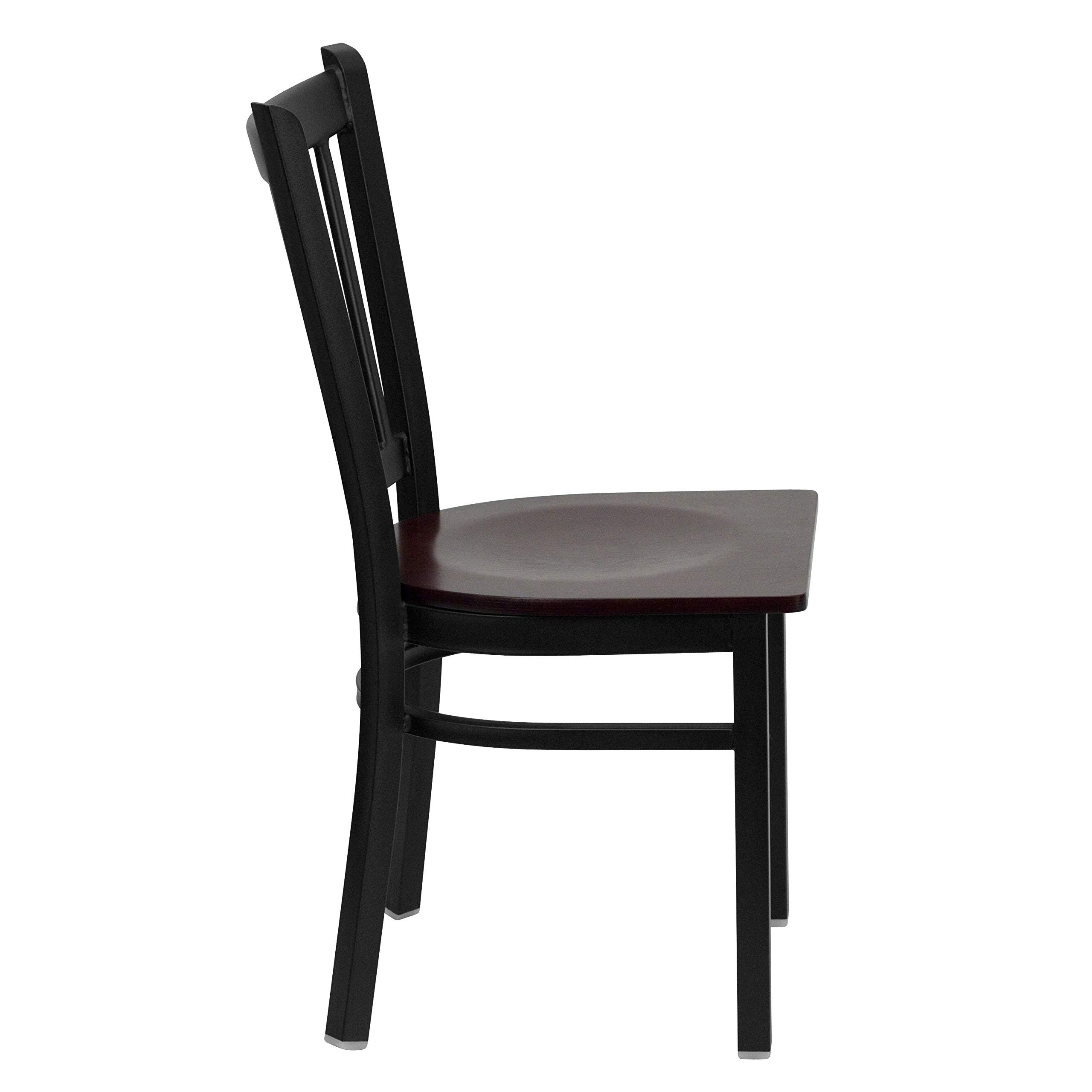 2 Pack Black Vertical Back Metal Restaurant Chairs with Mahogany Wood Seat - Durable & Stylish Dining Chairs for Restaurants, Cafes, and Home Kitchens