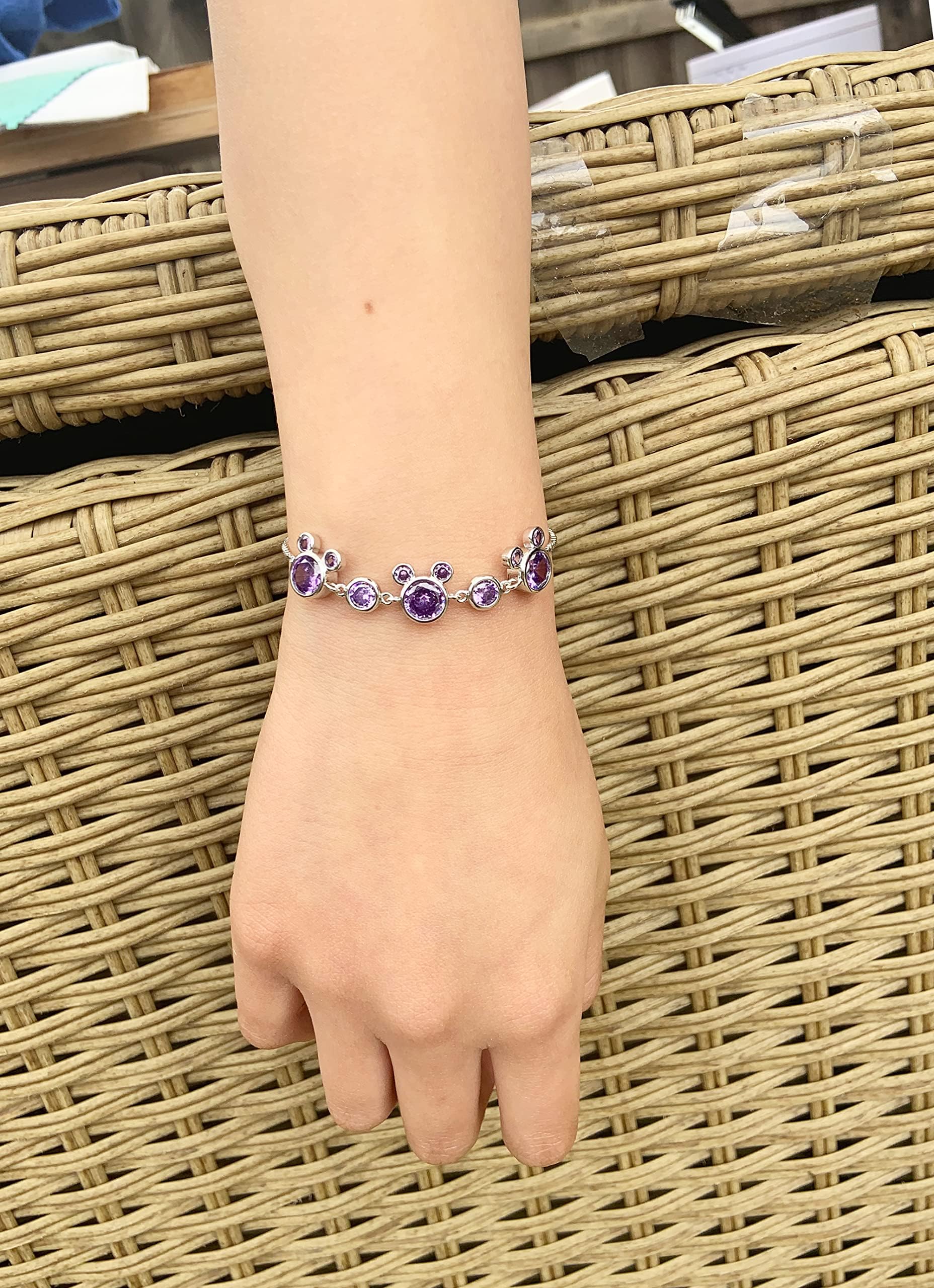 Kaguyo Silver Mickey Mouse Crystal Bracelet for Women - Adjustable Infinity Link Charm Bracelet with Clear Amethyst Pink CZ Stones, Friendship Gift for Women & Girls | Birthday Present, Disney Jewelry for Everyday Wear & Special Occasions