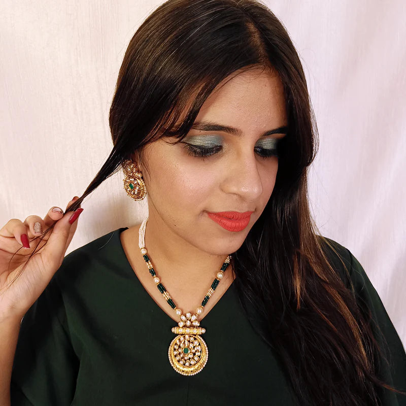 Luxury Gold Plated Royal Kundan Ruby Beads Pendant Necklace Set (D437) - Perfect for Weddings, Parties & Special Occasions