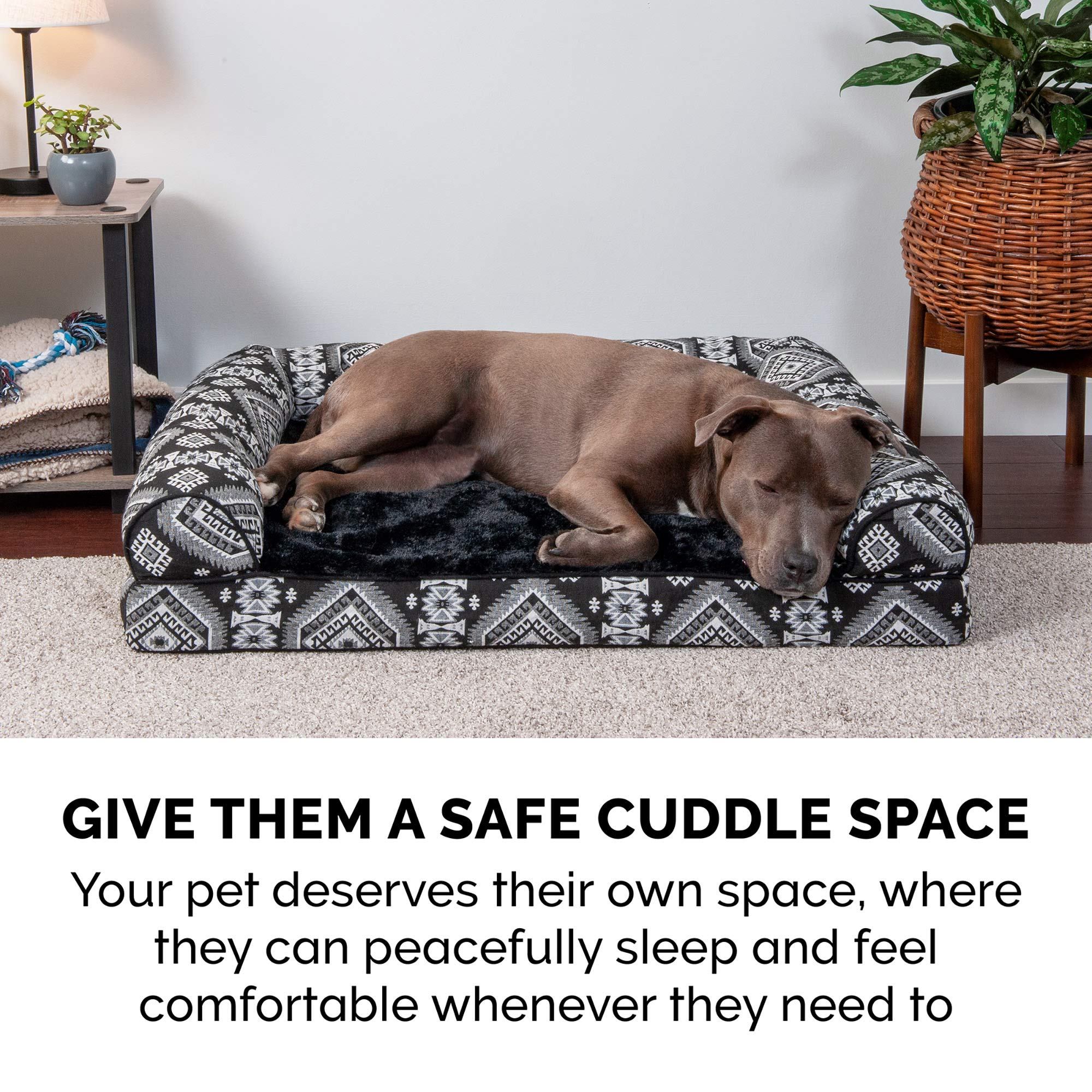 Furhaven Orthopedic Dog Bed for Small & Medium Dogs - Removable Bolsters & Washable Cover - Supports Up to 35 lbs - Plush Sofa Style with Southwest Kilim Woven Decor in Black Medallion - Perfect for Living Rooms, Bedrooms & Pet-Friendly Spaces
