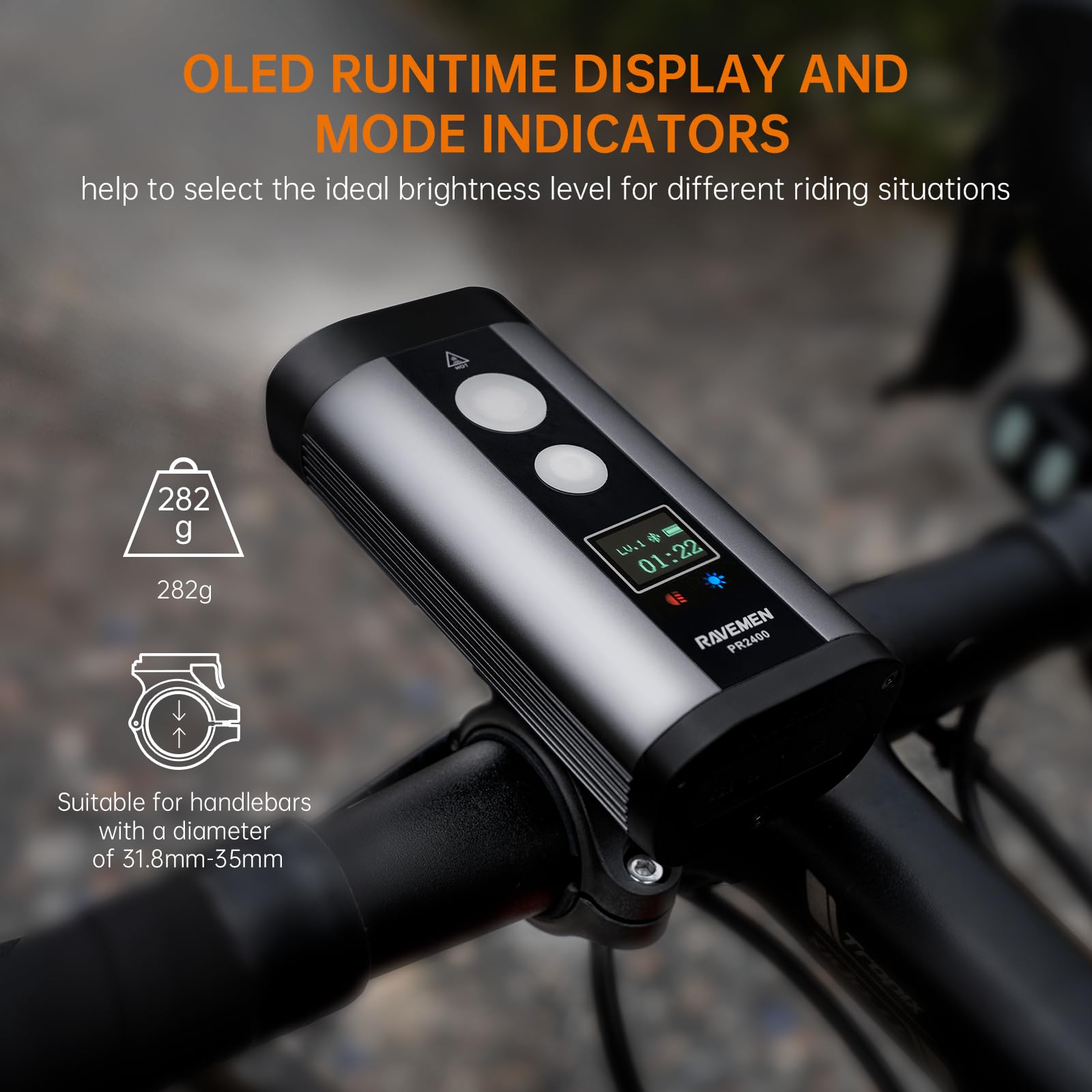RAVEMEN PR2400 2400 Lumens Bike Headlight - Mountain Bike Light with OLED Runtime Display, USB Output, High/Low Beam, IPX8 Waterproof - Perfect for Night Cycling, Commuting & Trail Riding