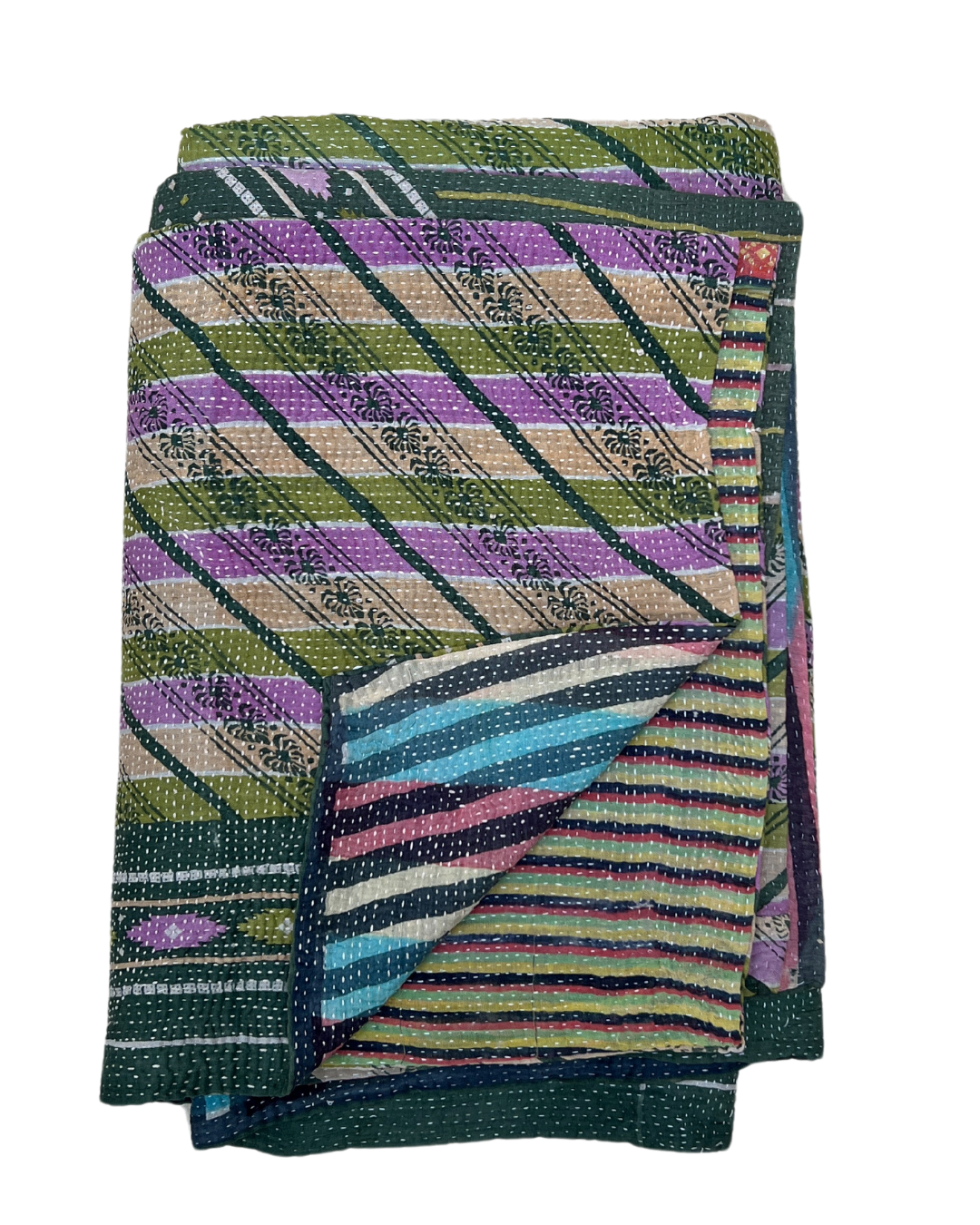 Handmade Midweight Kantha Quilt No. 612 - Traditional Indian Cotton Bedspread, Lightweight Blanket & Boho Home Decor for Cozy Bedroom, Sofa or Outdoor Picnic