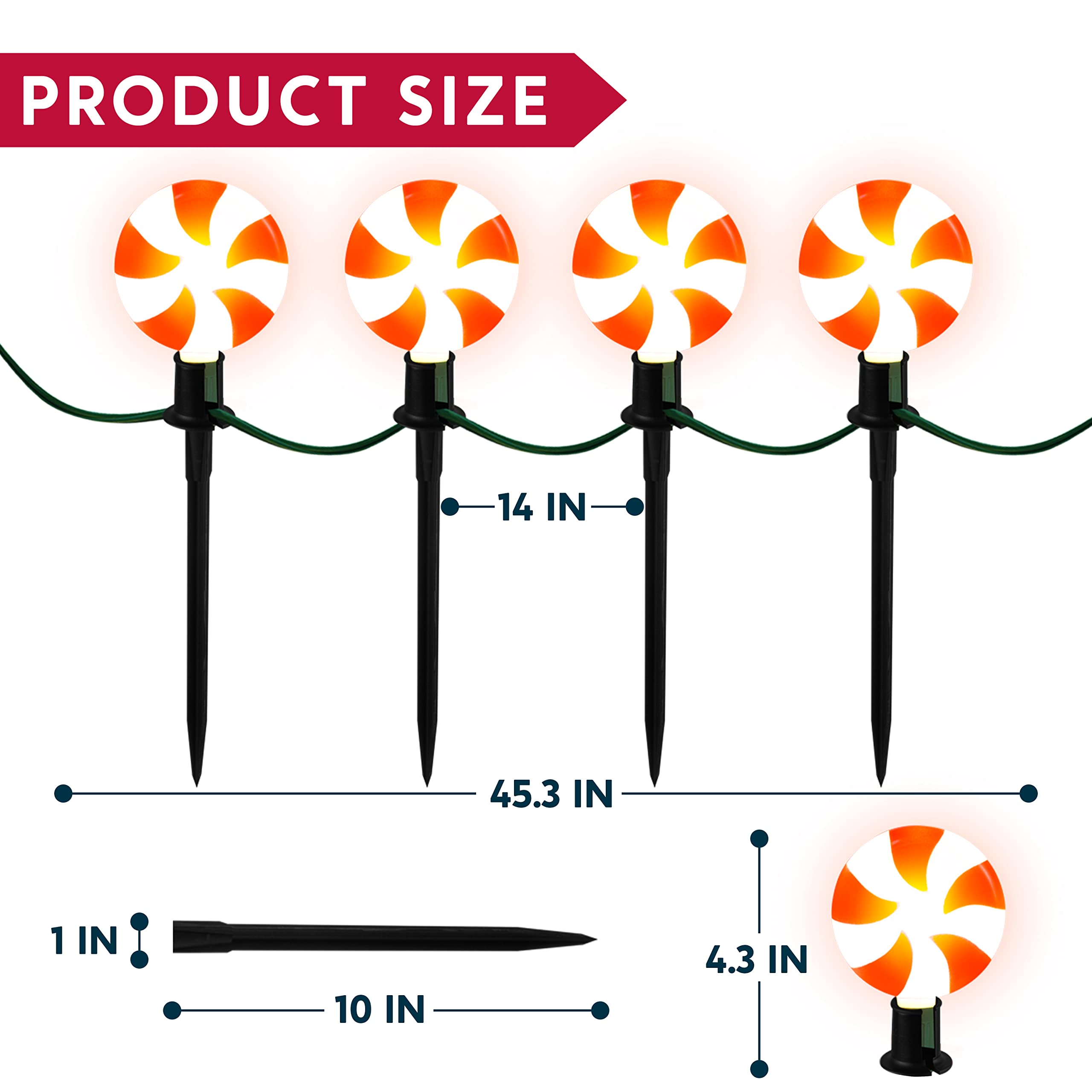Joiedomi 14-Piece Christmas Lollipop Pathway Lights Outdoor - 14.3 FT Plug-in Peppermint Walkway String Lights with Stakes & Clips for Holiday Yard Decorations | Waterproof, Hangable & Pluggable | Perfect for Driveways, Gardens & Christmas Displays