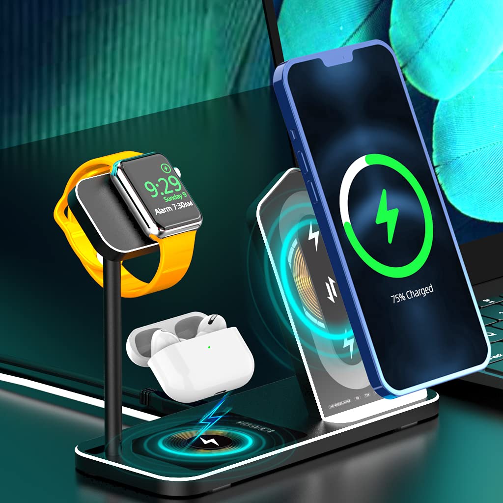 3-in-1 Fast Wireless Charging Station for iPhone Xs/Xs Max/XR/X/8/8Plus, iWatch Series 1-4 & AirPods 2 | Multi-Device Charging Stand | Home & Office Desk Organizer (Black)