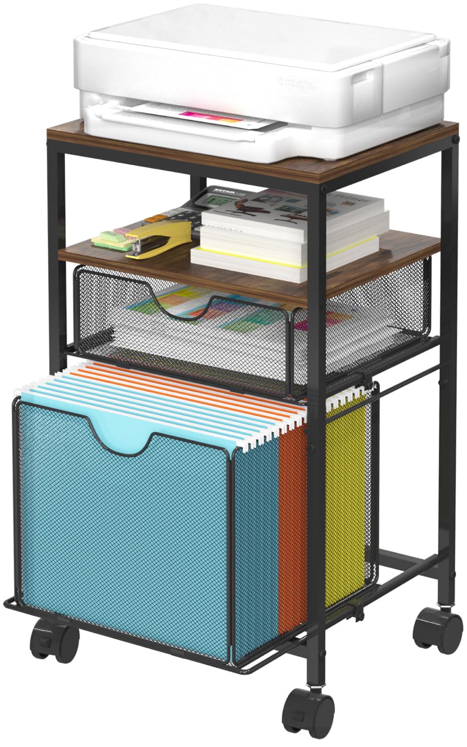 Rolling File Cart - Under Desk Storage Organizer with Sliding Drawer | Mobile Wood & Mesh Filing Cabinet for A4, Hanging File Folders & Printer | 14.7