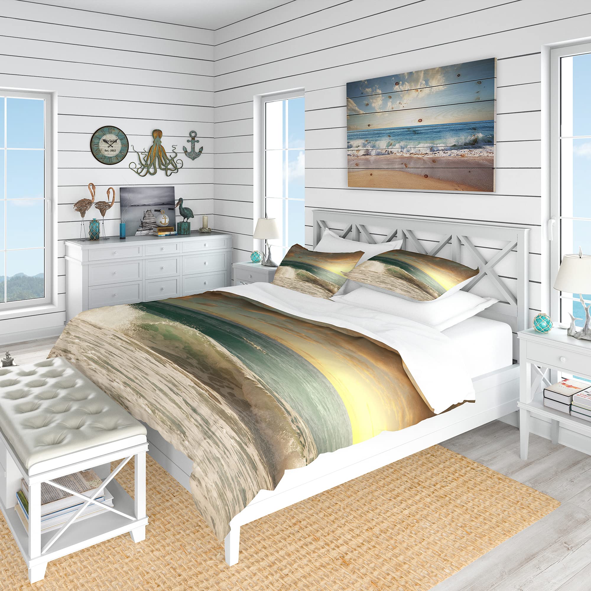 DesignQ Nautical & Coastal Duvet Cover Set - Twin Size White Beach Bedding with Rushing Waves Under Heavy Clouds Print, 3-Piece All Season Comfort - Perfect for Coastal Themed Bedrooms & Vacation Home Decor