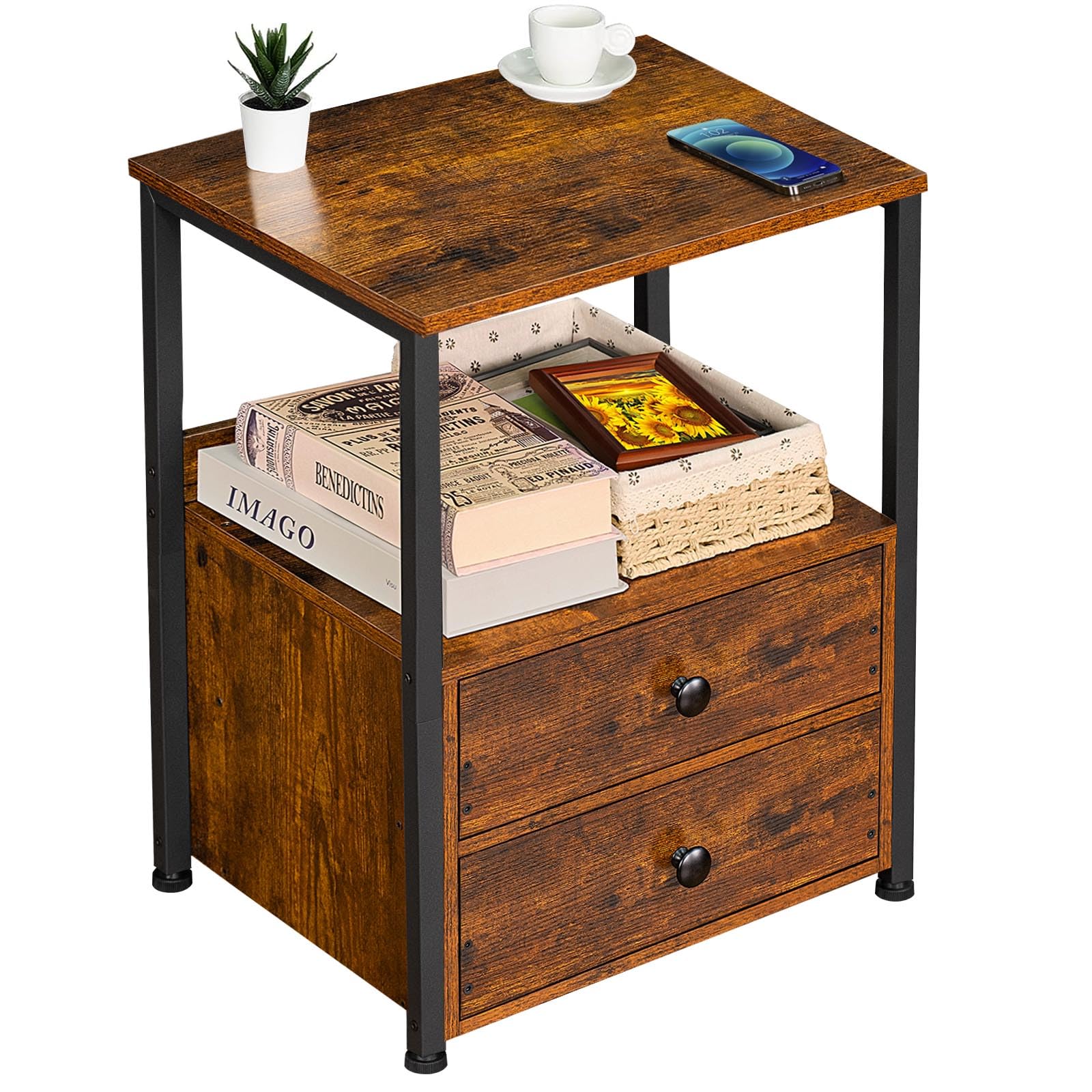 Industrial Nightstand with 2 Drawers & Open Shelf - Vintage Brown Steel Frame Bedside Table for Bedroom & Living Room - Sturdy End Table with Storage Space for Books, Lamps & Bedroom Essentials