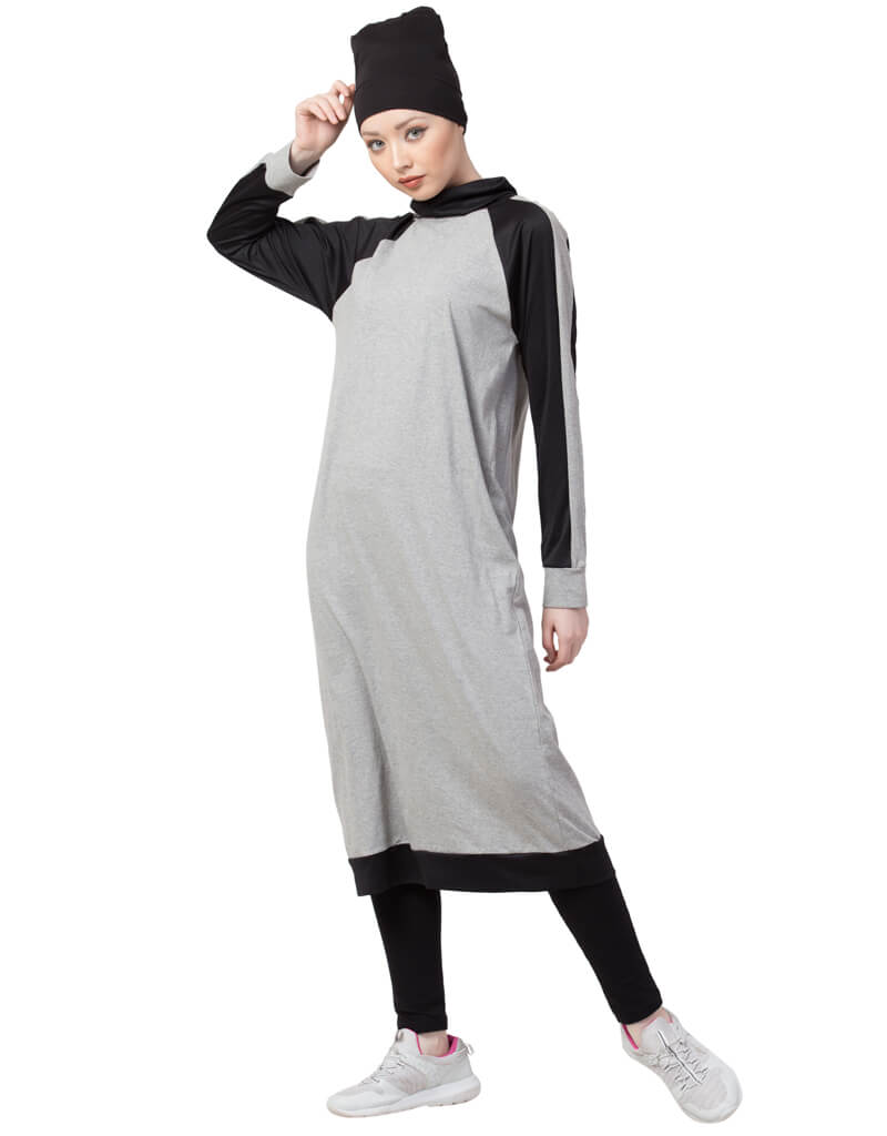 Arabic Contrast Knits Sports Abaya With Legging Grey - Modest Islamic Workout Outfit for Women, Gym & Yoga