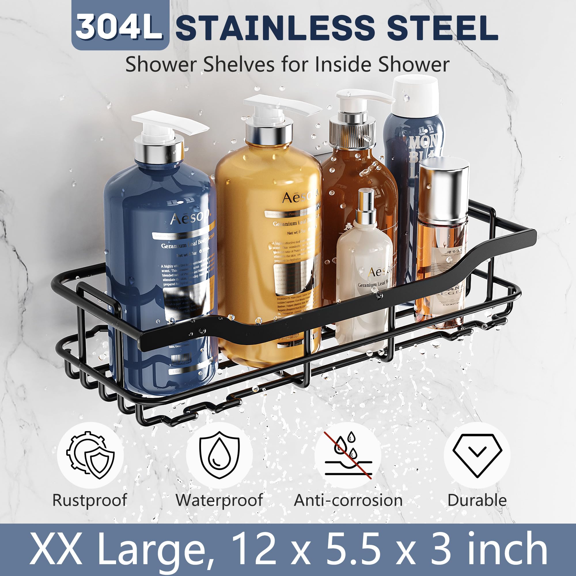OMAIRA Adhesive Shower Caddy 3-Pack with Soap Holder - No Drill Bathroom Organizer, Wall Mounted Shower Shelf for Bathroom, Kitchen & Countertop - Black - Perfect for Small Spaces, Apartment Living & Rental Homes