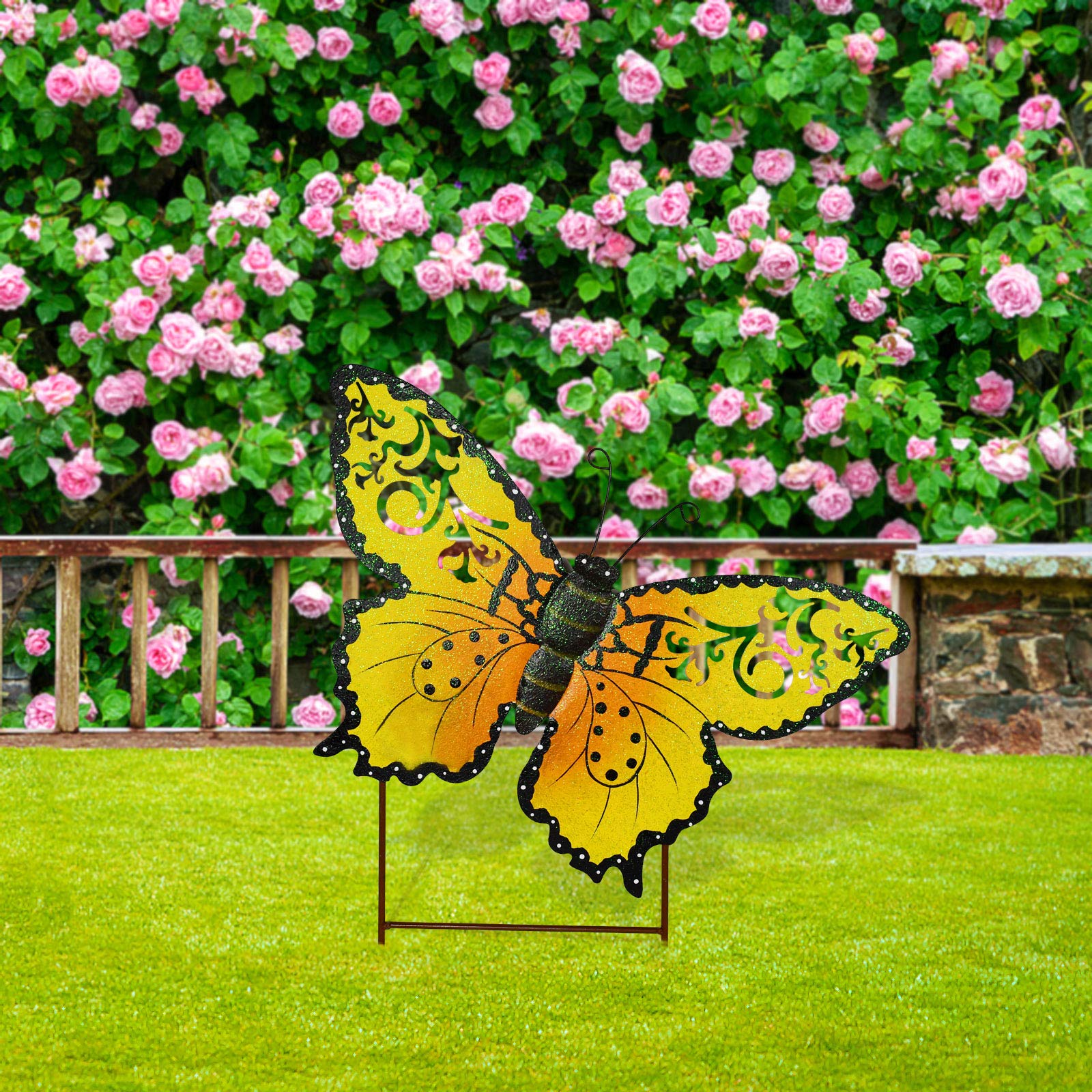 Metal Butterfly Garden Stake Decor - Outdoor Butterfly Yard Art for Patio, Lawn & Backyard - Yellow Insect-Themed Garden Decor - Perfect for Spring Landscaping & Wedding Decorations