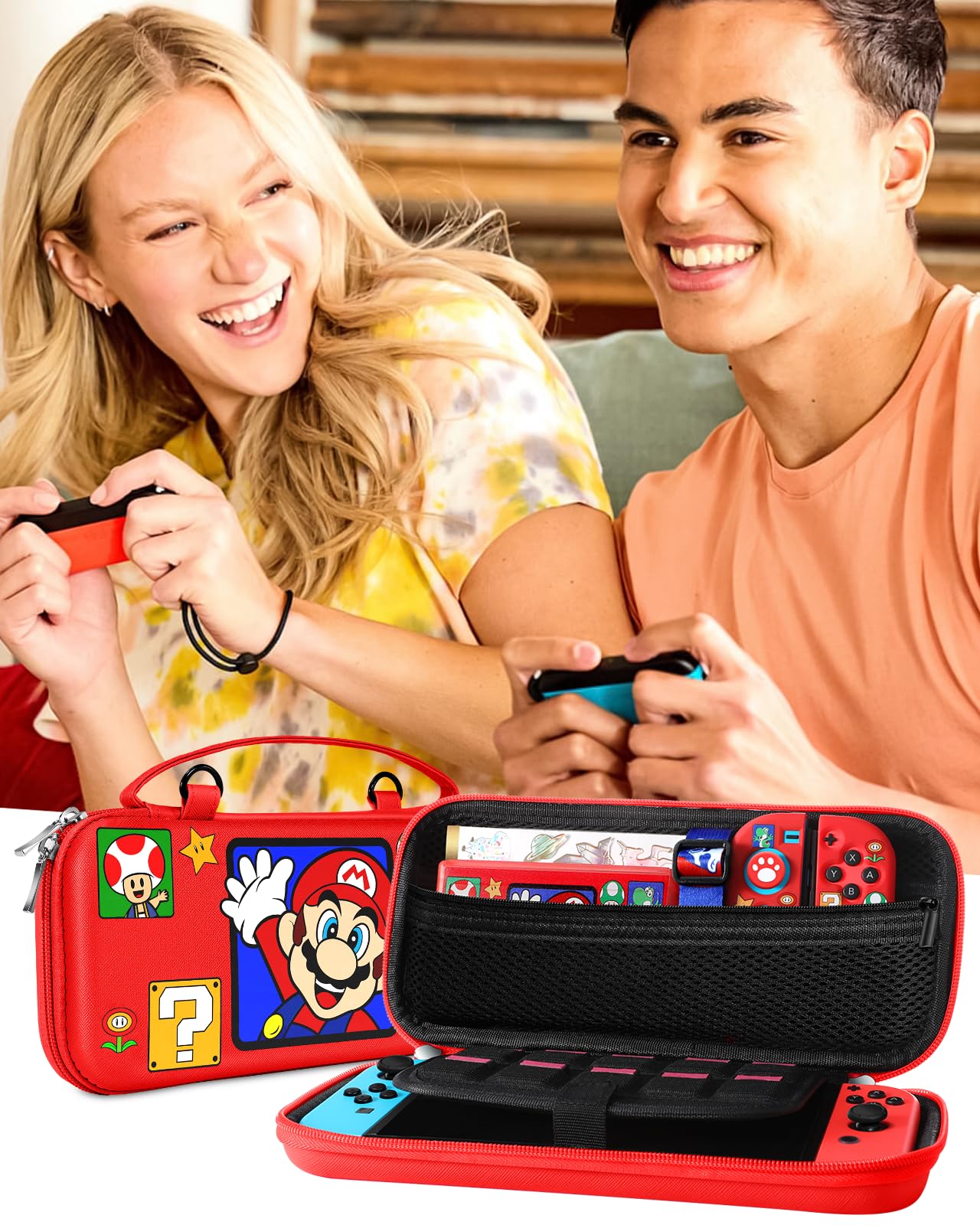 Nintendo Switch 9-in-1 Storage Accessories Kit - Travel Carrying Case, Protective Cover, Game Holder, Strap, Stickers, Joycon Shells & Thumb Caps for Boys, Girls & Kids (Red) | Perfect for Travel, Gaming Parties & Switch Protection