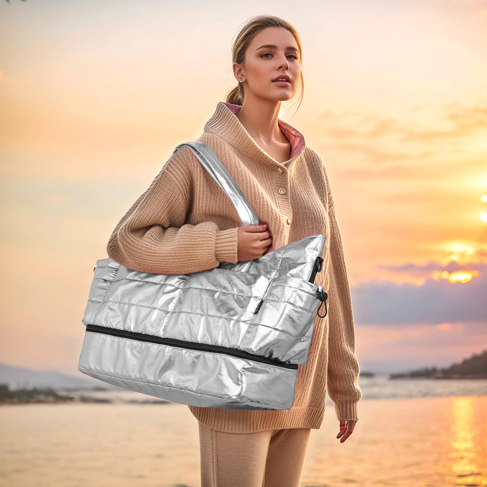 Women's 50L Large Travel Duffel Bag with Shoe Compartment - Waterproof Gym Bag & Weekender Overnight Bag for Women (Silver) - Perfect for Gym, Travel, Sports & Weekend Getaways